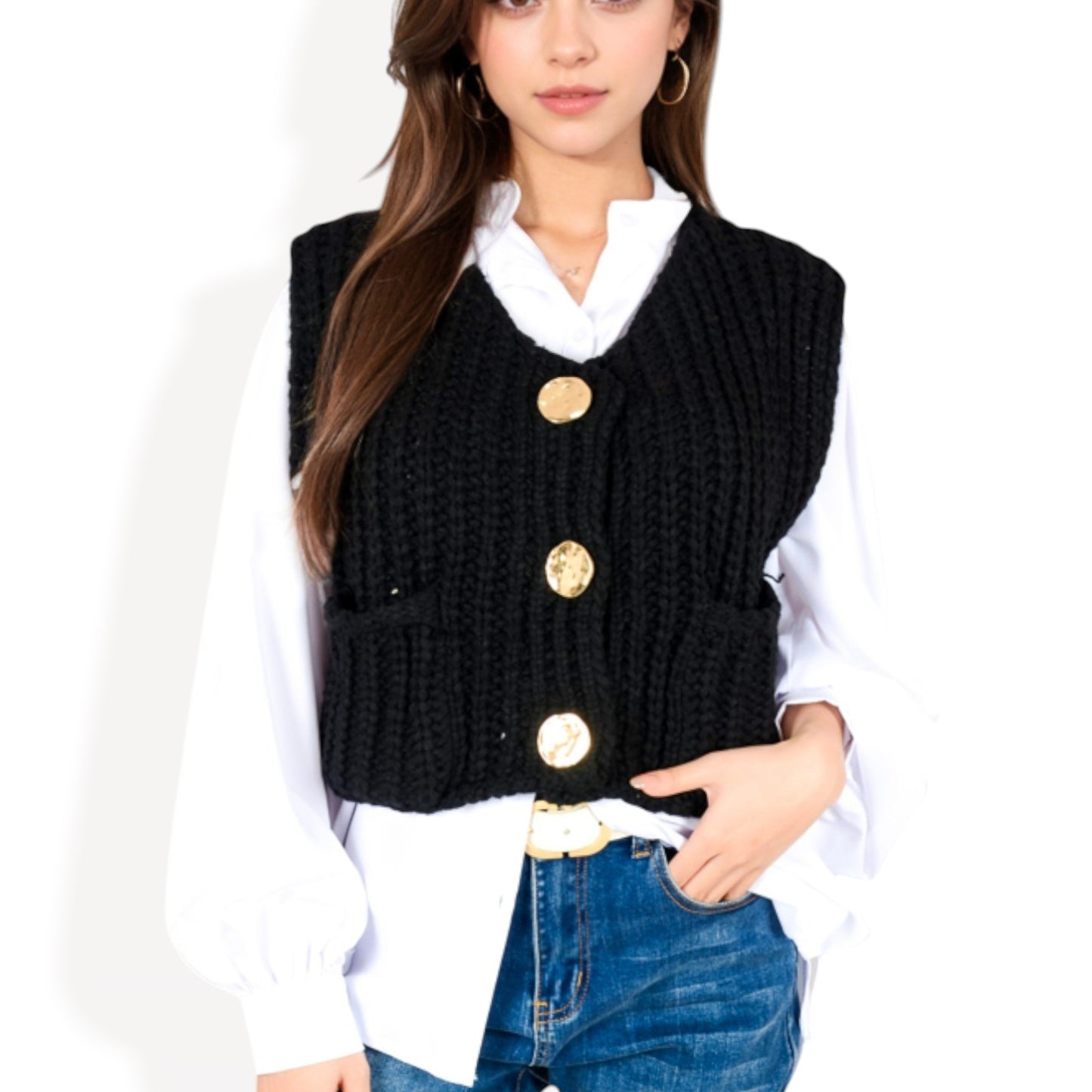 Anna-Kaci Women's Chunky Knit Vest with Oversized Buttons and Front Pockets