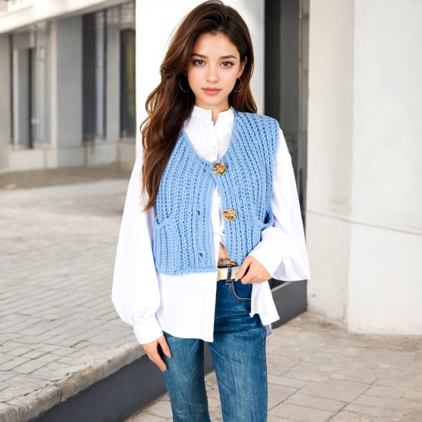 Anna-Kaci Women's Chunky Knit Vest with Oversized Buttons and Front Pockets