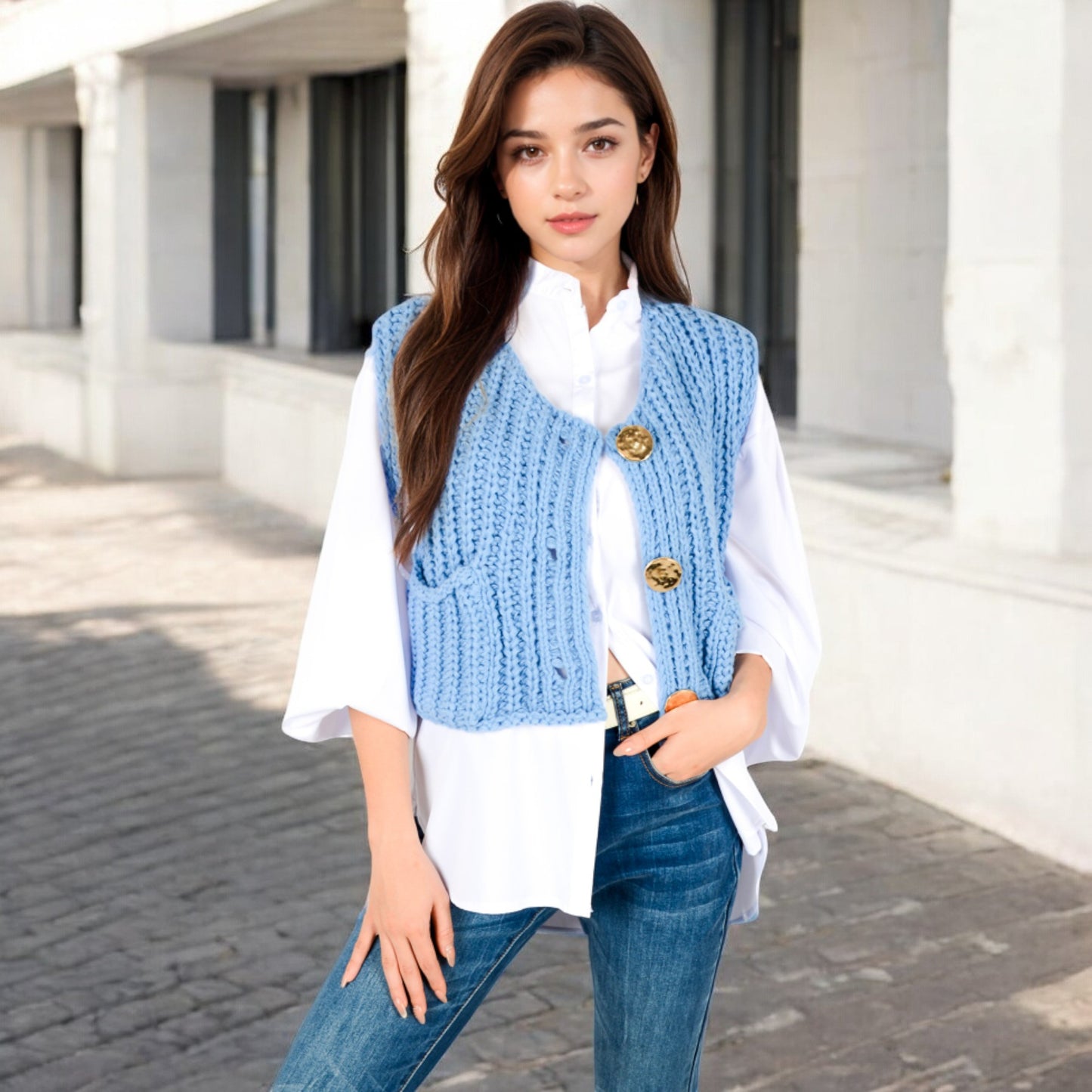 Anna-Kaci Women's Chunky Knit Vest with Oversized Buttons and Front Pockets