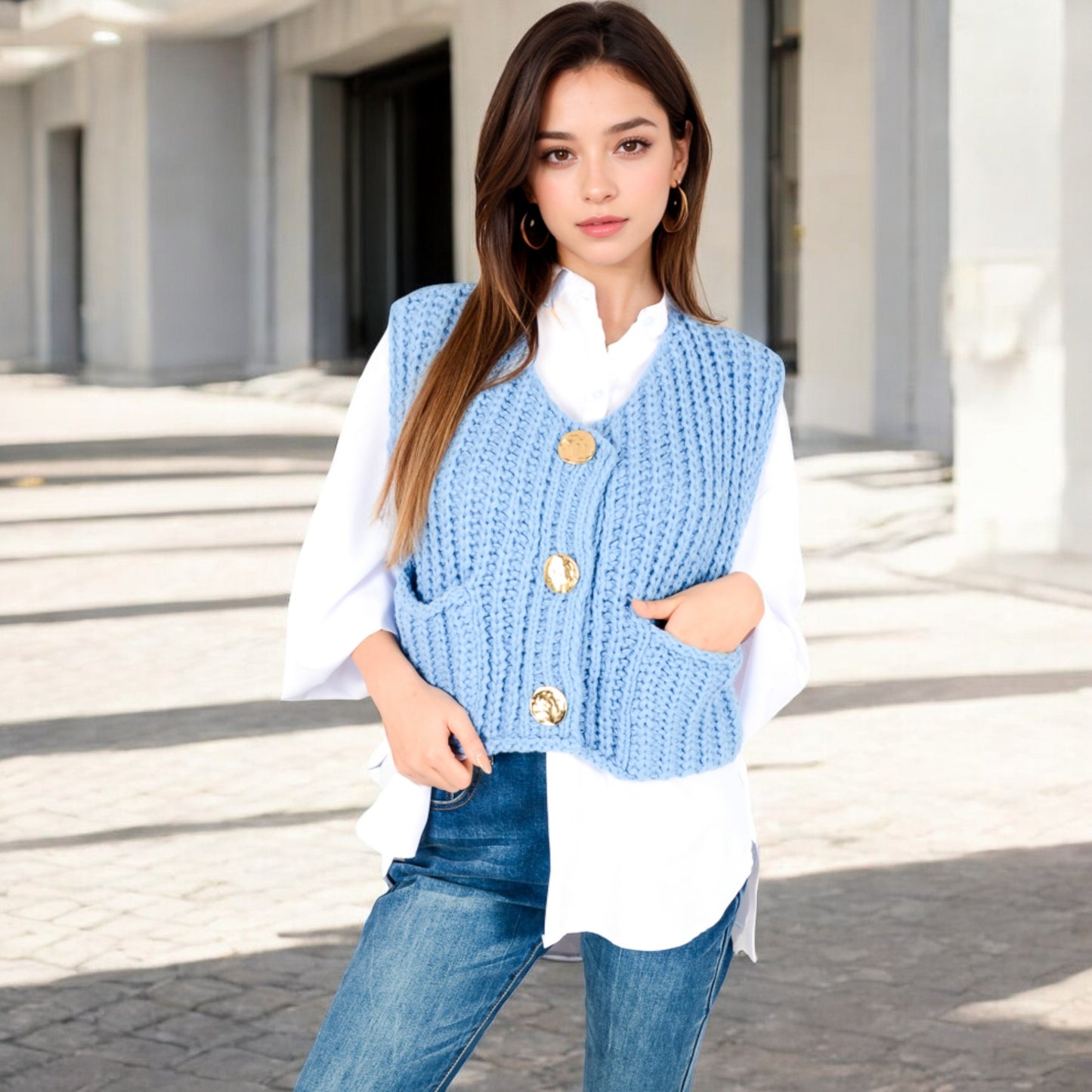 Anna-Kaci Women's Chunky Knit Vest with Oversized Buttons and Front Pockets