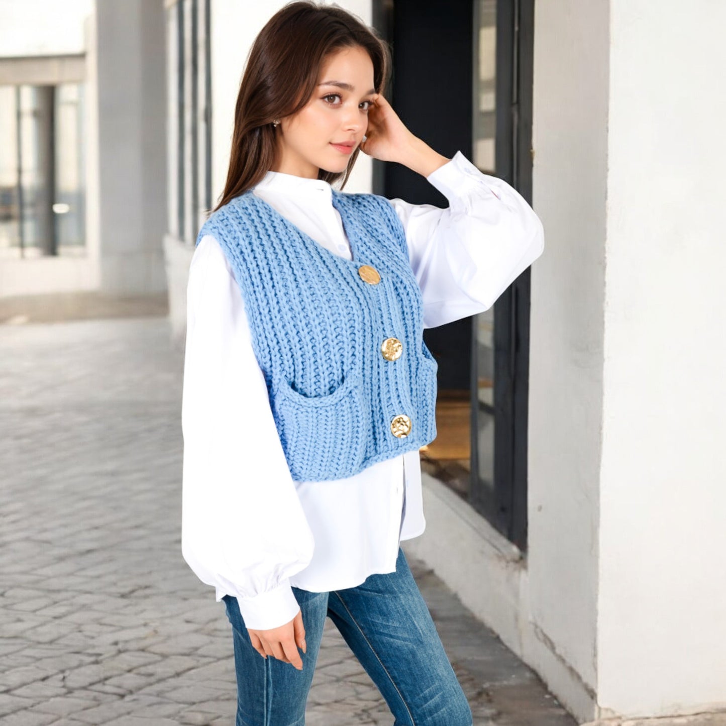 Anna-Kaci Women's Chunky Knit Vest with Oversized Buttons and Front Pockets