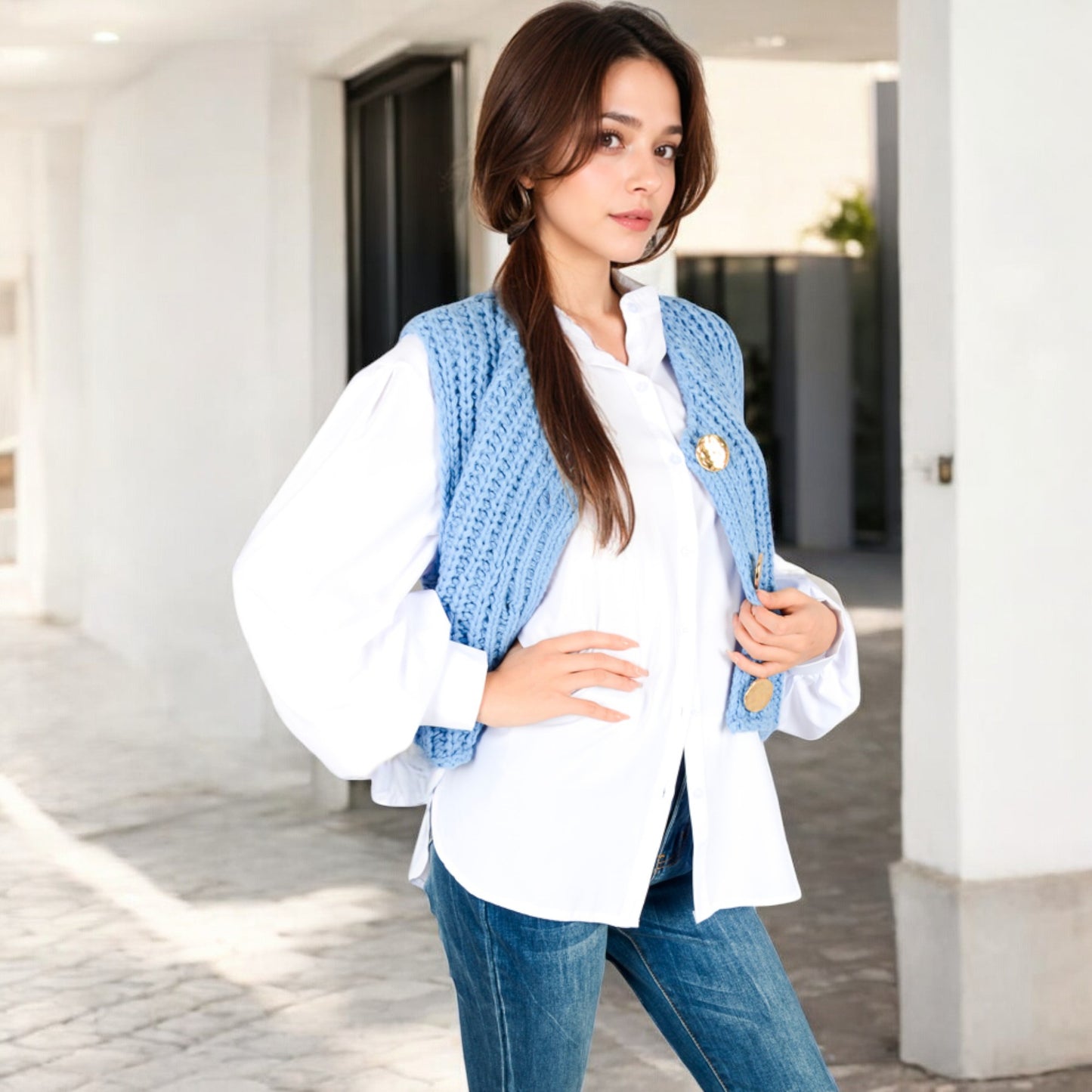 Anna-Kaci Women's Chunky Knit Vest with Oversized Buttons and Front Pockets