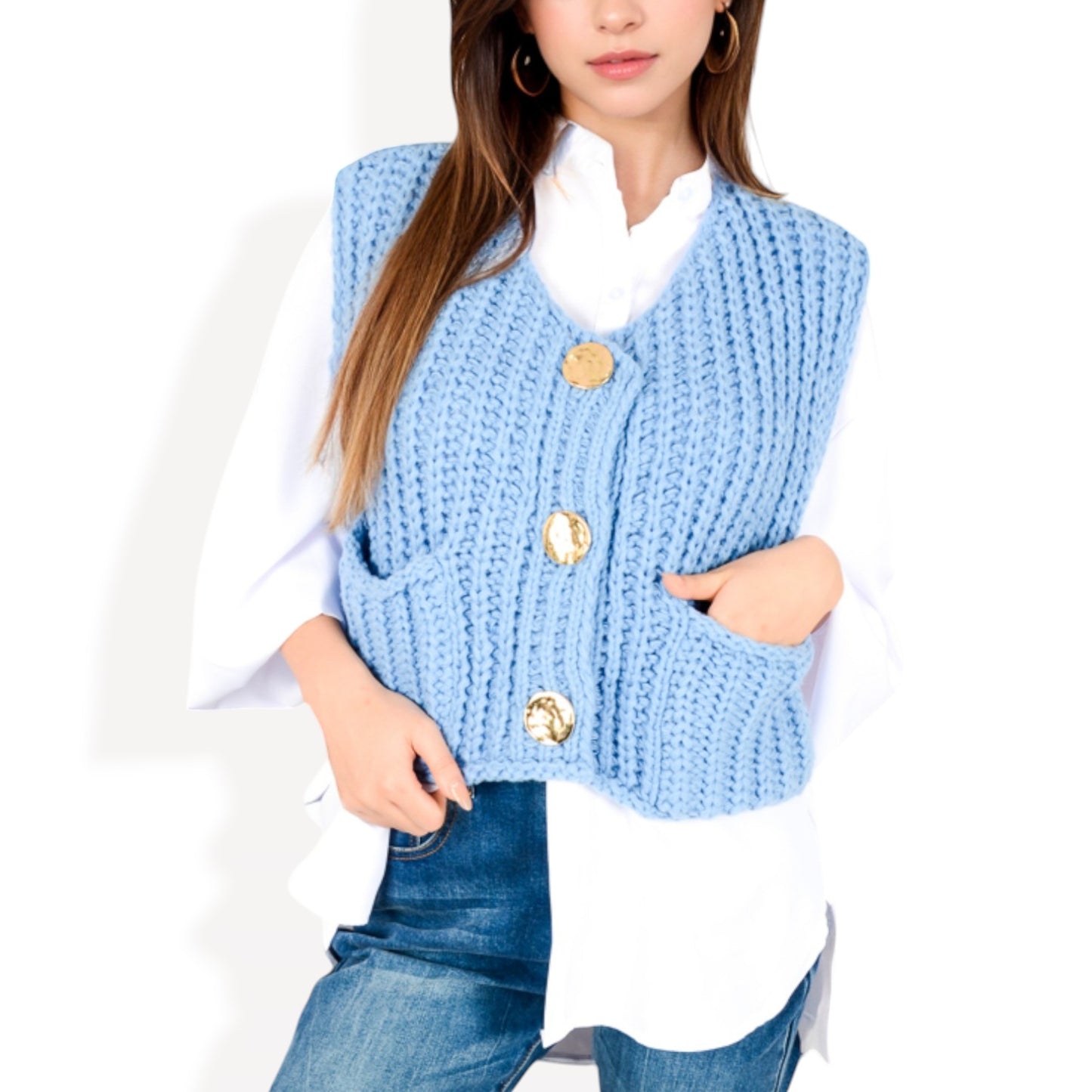 Anna-Kaci Women's Chunky Knit Vest with Oversized Buttons and Front Pockets