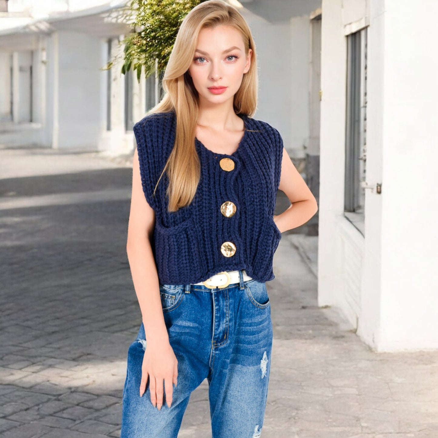 Anna-Kaci Women's Chunky Knit Vest with Oversized Buttons and Front Pockets