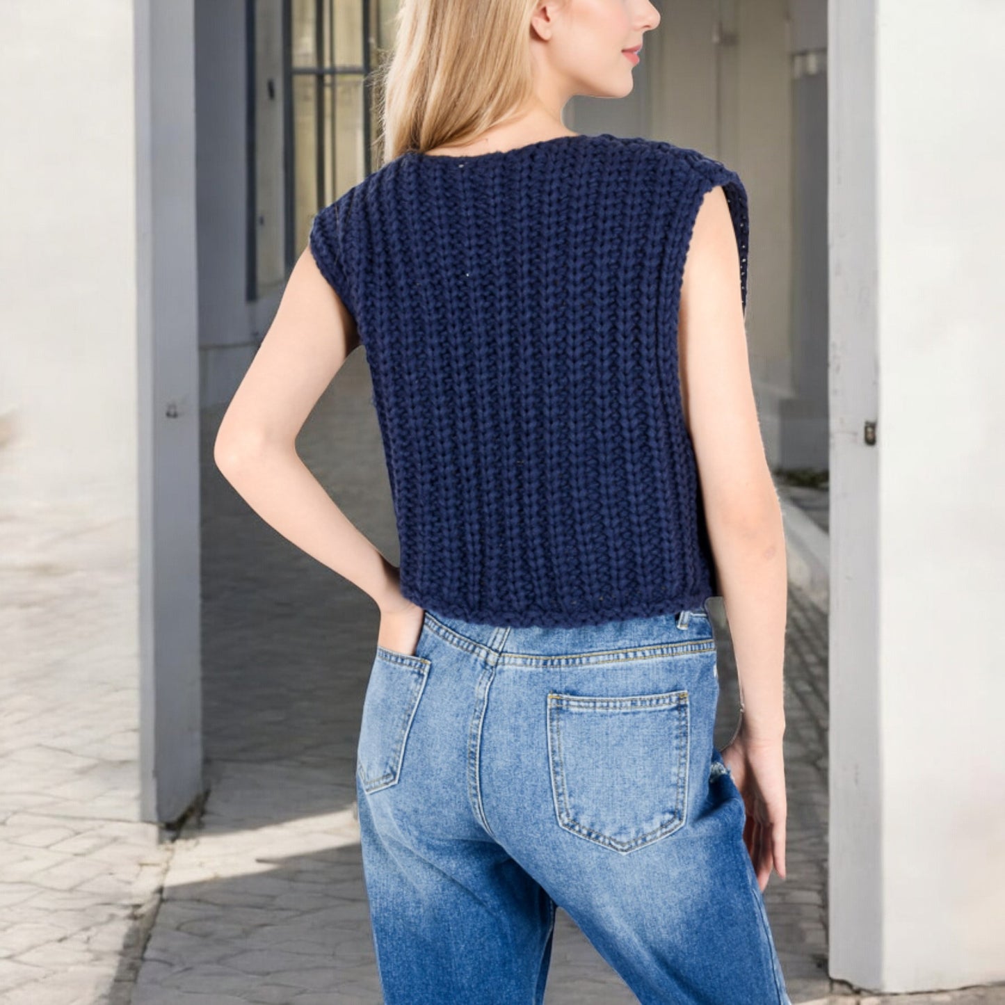 Anna-Kaci Women's Chunky Knit Vest with Oversized Buttons and Front Pockets