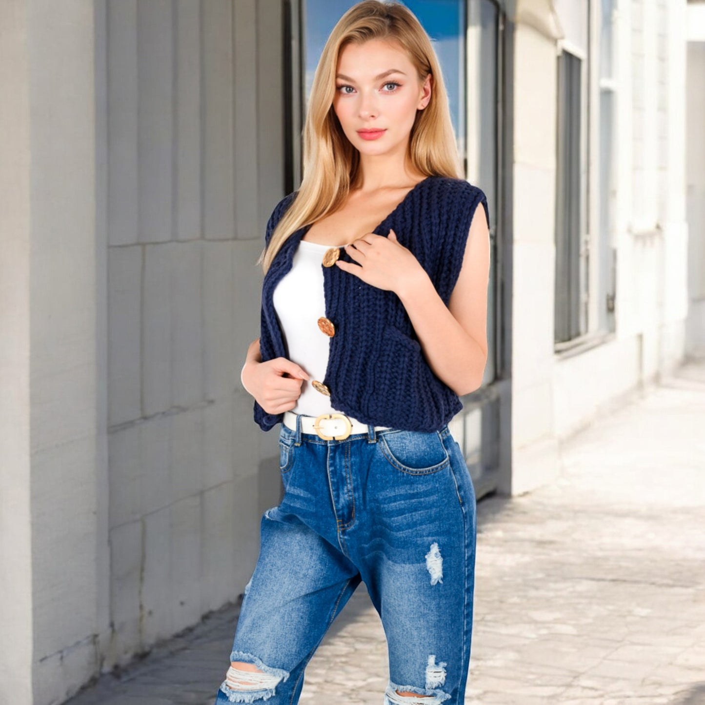 Anna-Kaci Women's Chunky Knit Vest with Oversized Buttons and Front Pockets