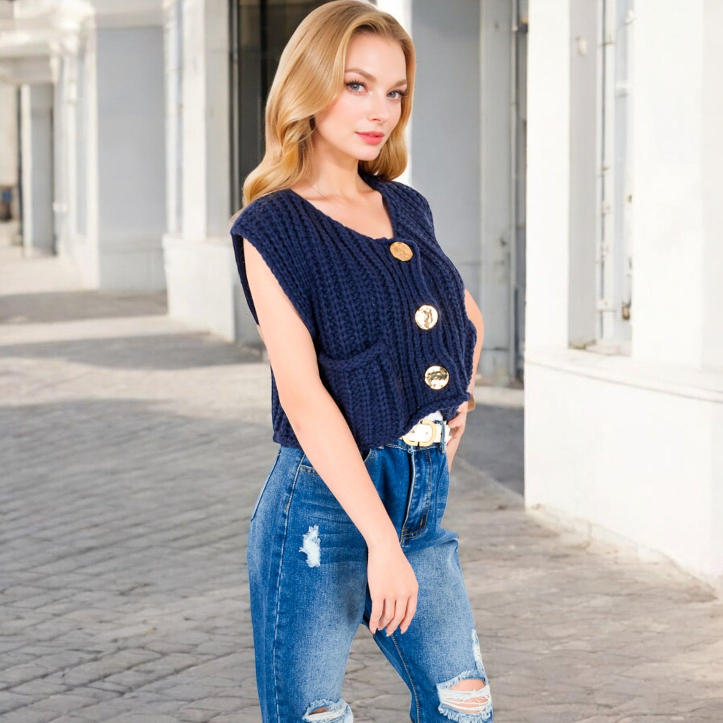 Anna-Kaci Women's Chunky Knit Vest with Oversized Buttons and Front Pockets