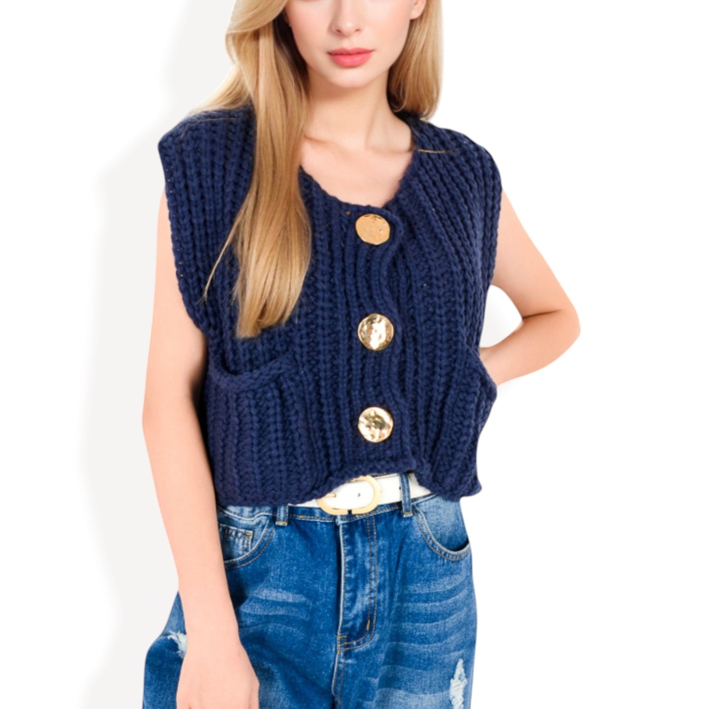 Anna-Kaci Women's Chunky Knit Vest with Oversized Buttons and Front Pockets