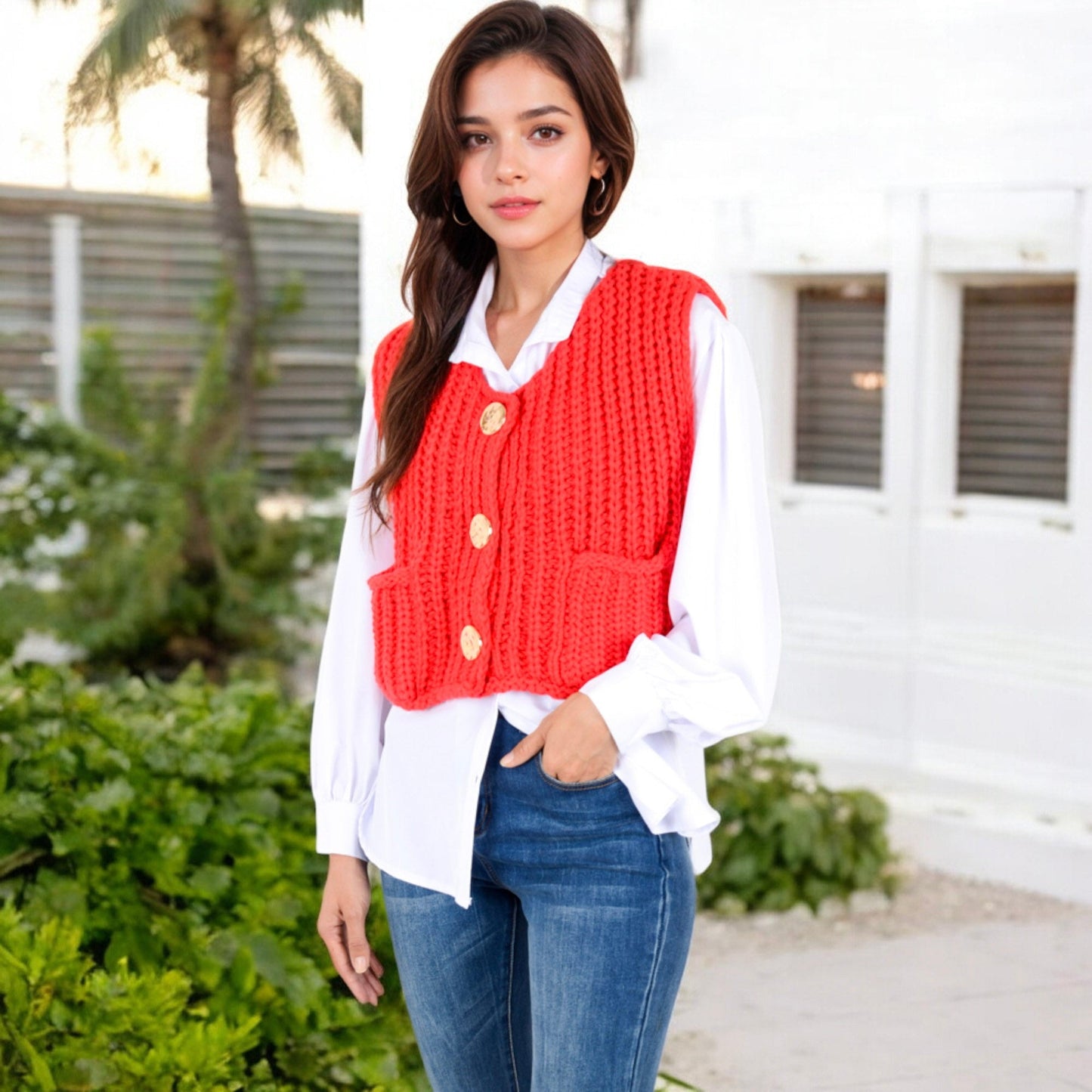 Anna-Kaci Women's Chunky Knit Vest with Oversized Buttons and Front Pockets