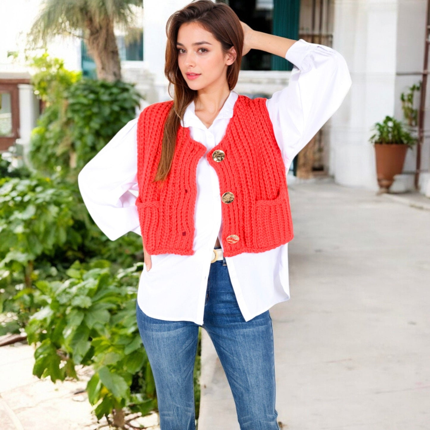 Anna-Kaci Women's Chunky Knit Vest with Oversized Buttons and Front Pockets