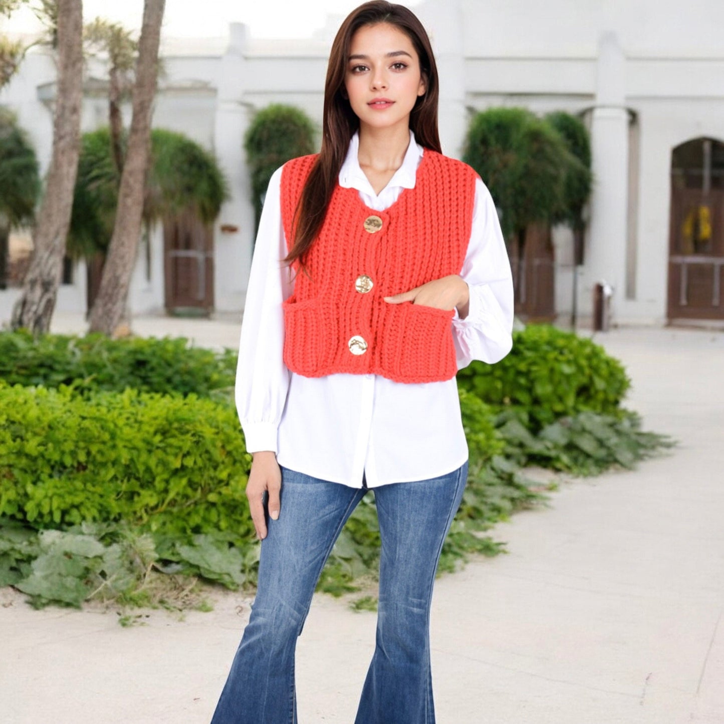 Anna-Kaci Women's Chunky Knit Vest with Oversized Buttons and Front Pockets