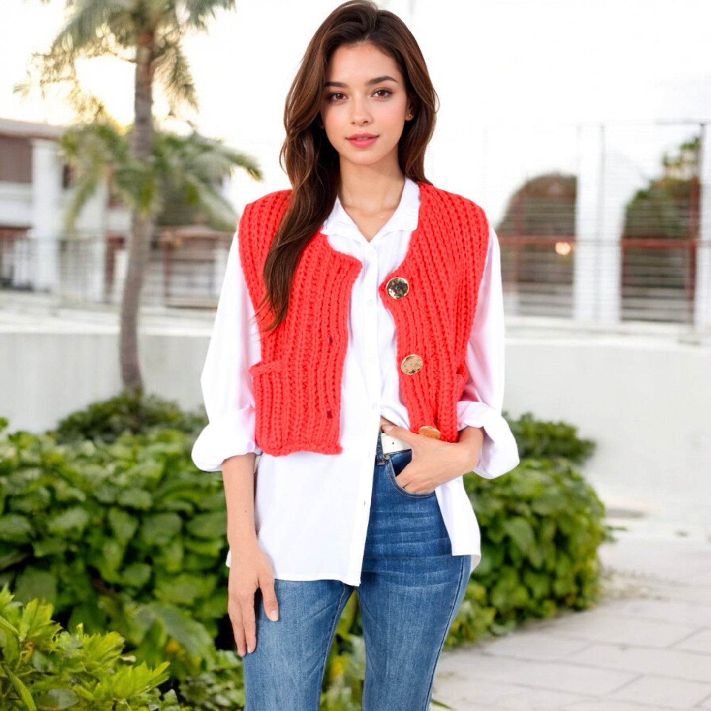 Anna-Kaci Women's Chunky Knit Vest with Oversized Buttons and Front Pockets