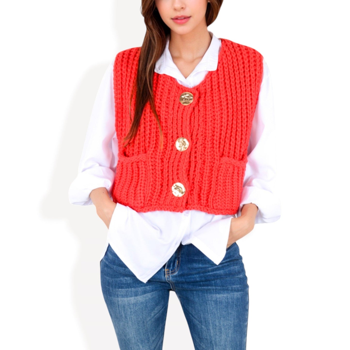 Anna-Kaci Women's Chunky Knit Vest with Oversized Buttons and Front Pockets