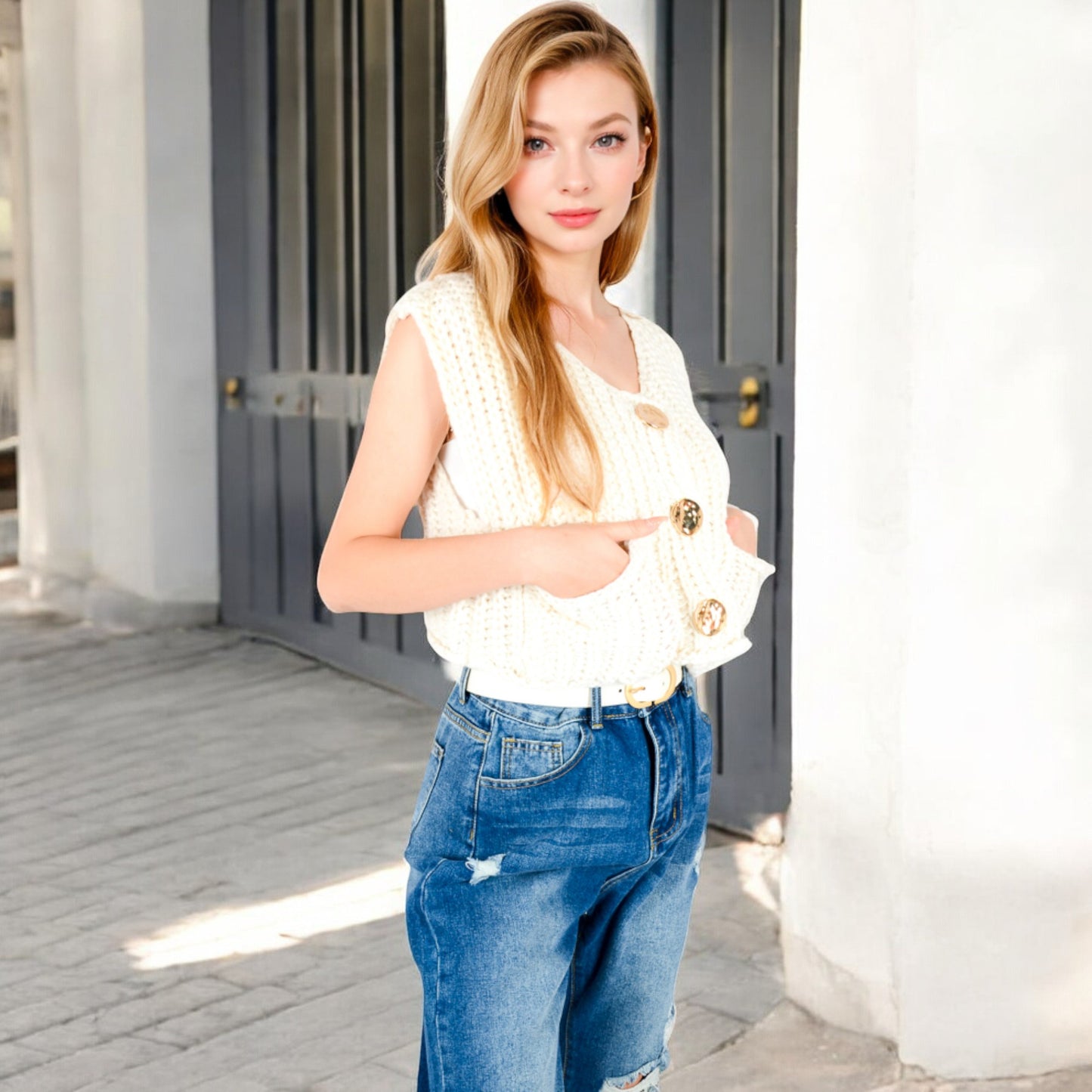 Anna-Kaci Women's Chunky Knit Vest with Oversized Buttons and Front Pockets