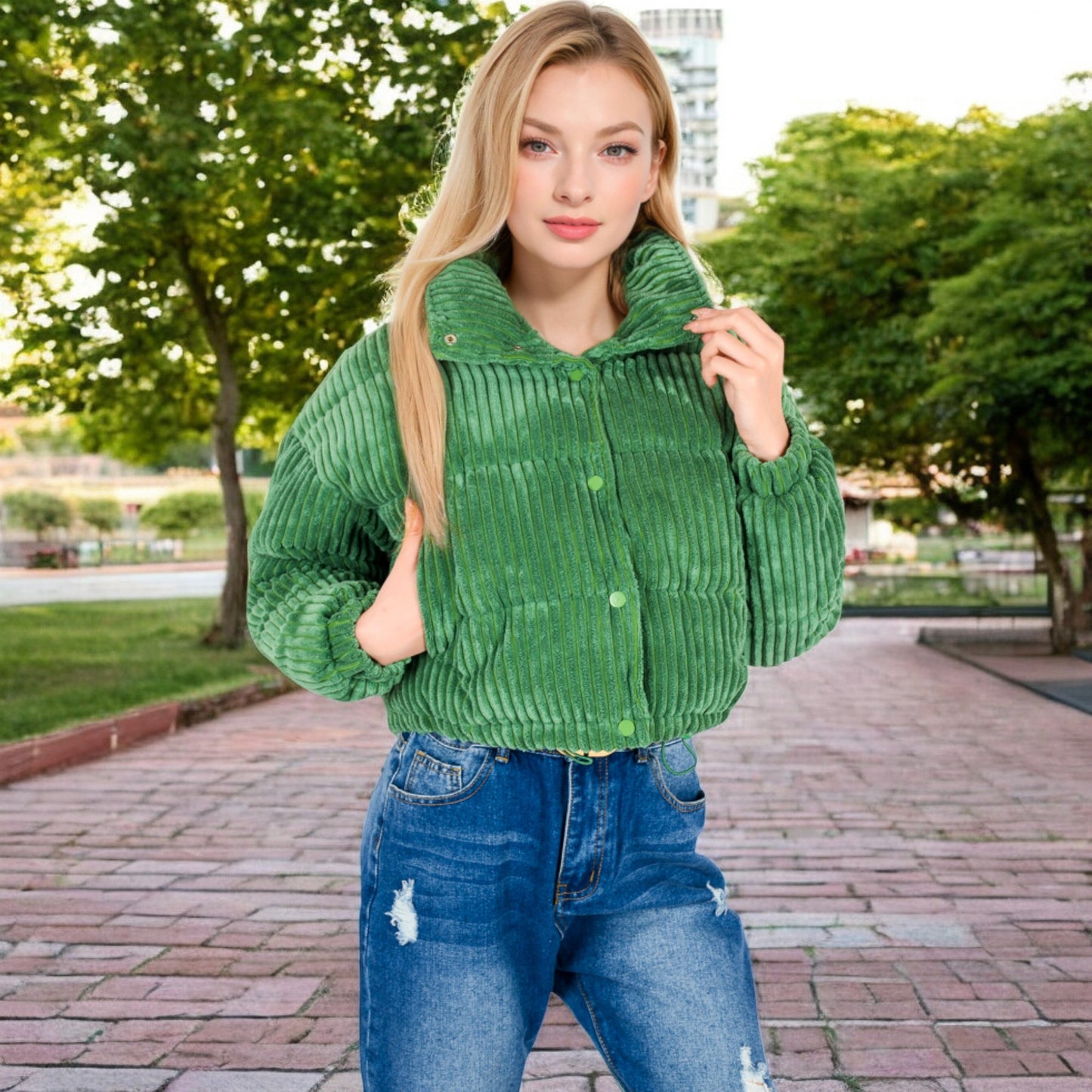 Anna-Kaci Women's Corduroy Cropped Jacket with Snap Buttons and High Collar