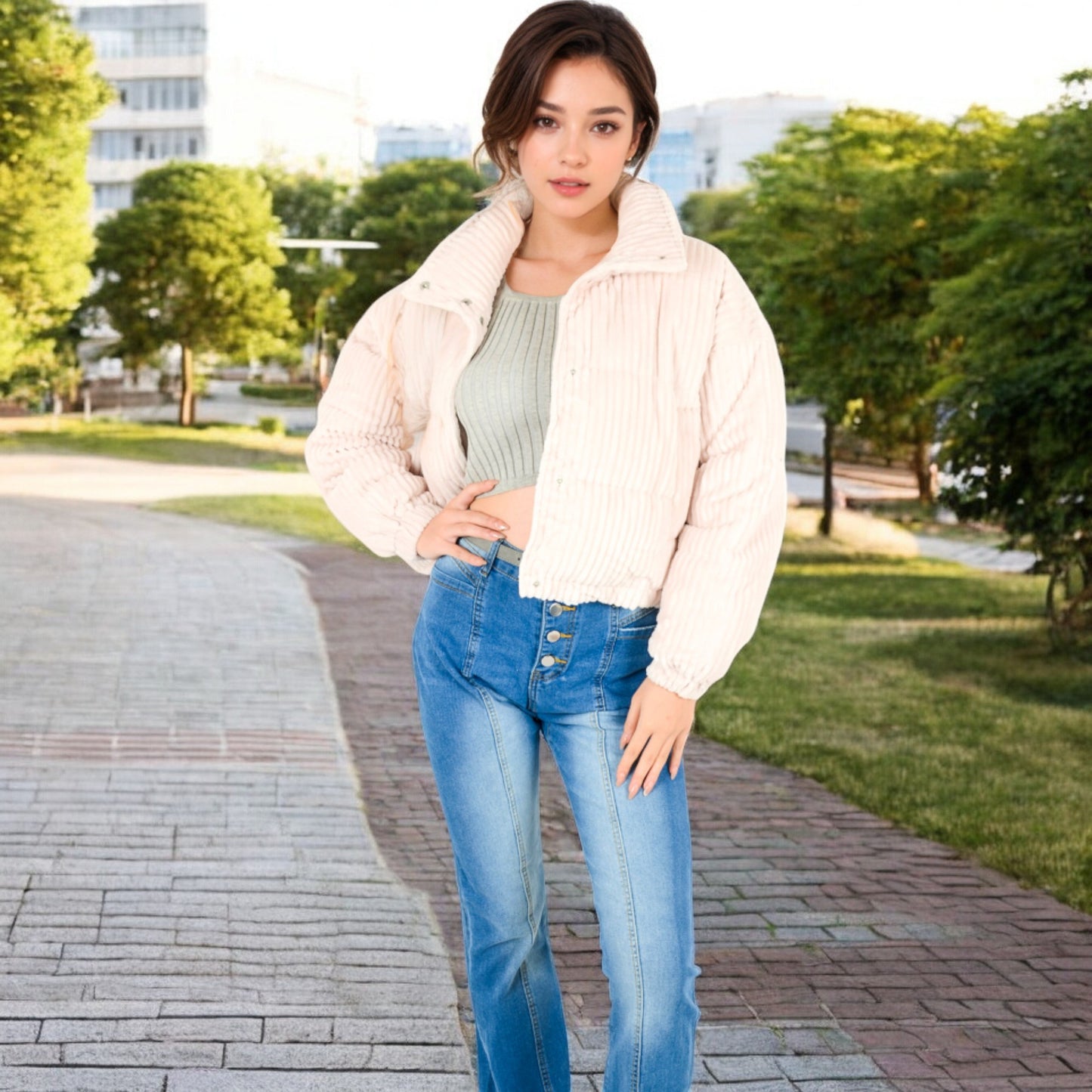 Anna-Kaci Women's Corduroy Cropped Jacket with Snap Buttons and High Collar