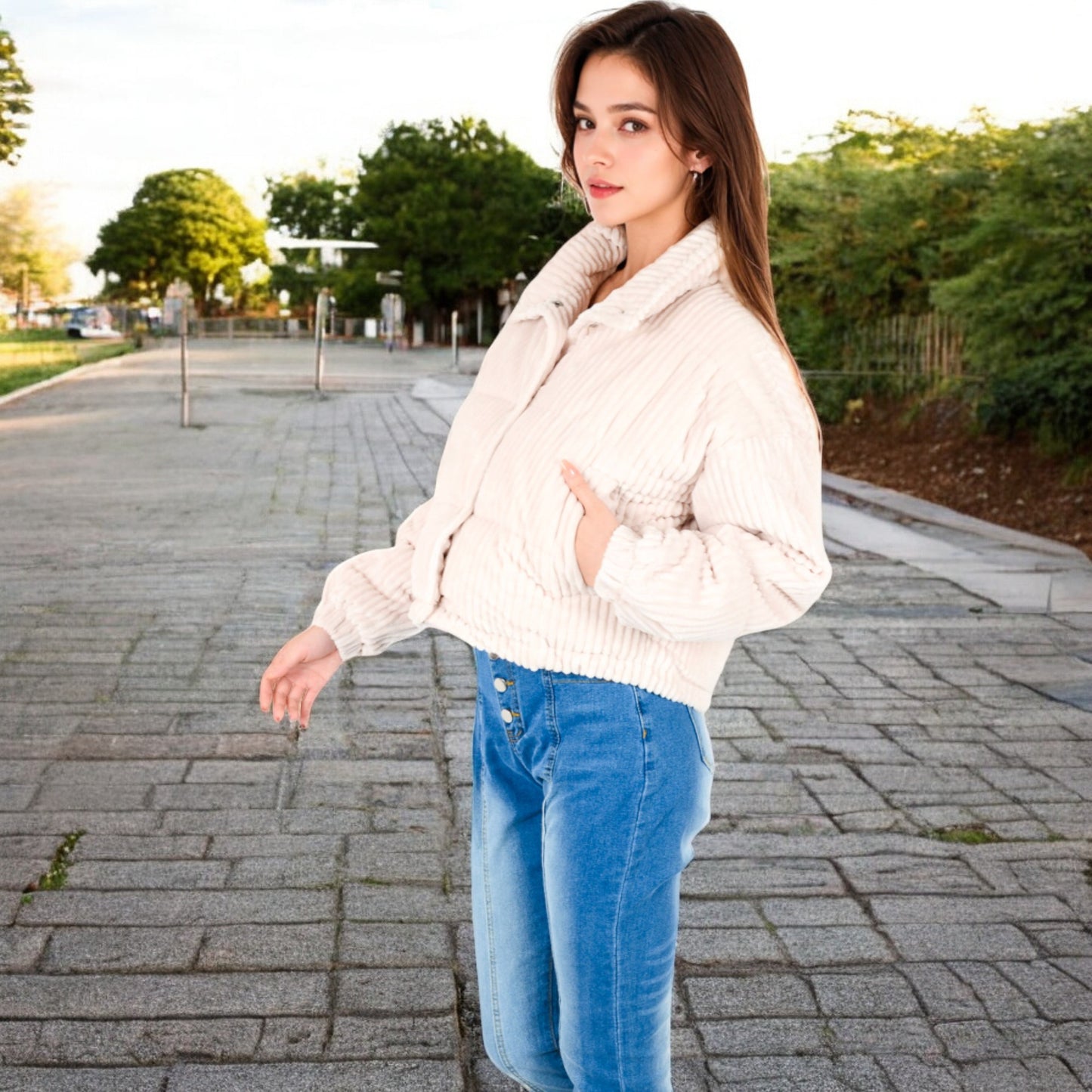 Anna-Kaci Women's Corduroy Cropped Jacket with Snap Buttons and High Collar