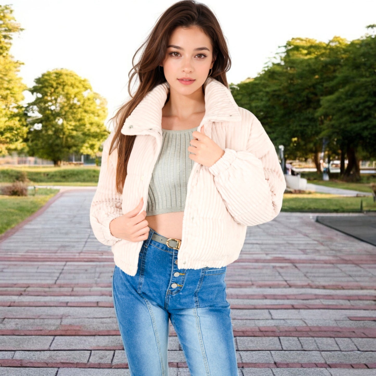 Anna-Kaci Women's Corduroy Cropped Jacket with Snap Buttons and High Collar