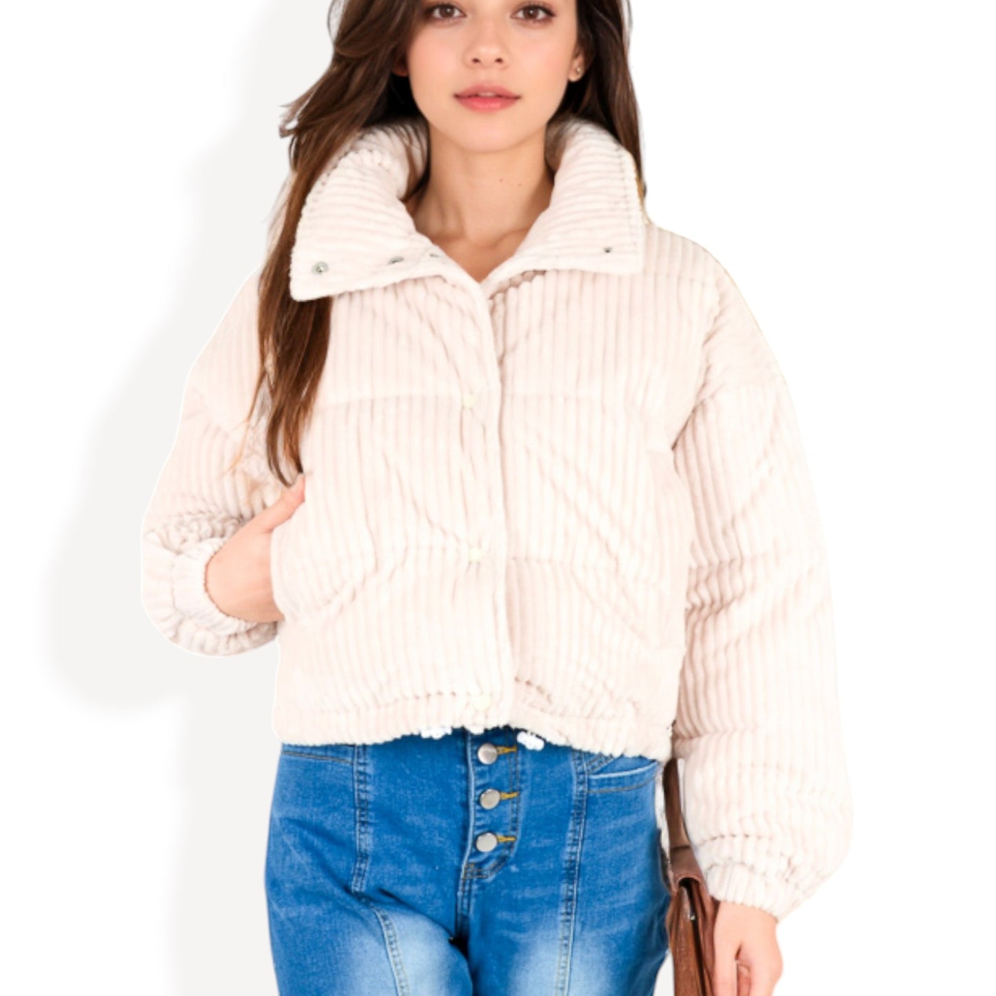 Anna-Kaci Women's Corduroy Cropped Jacket with Snap Buttons and High Collar