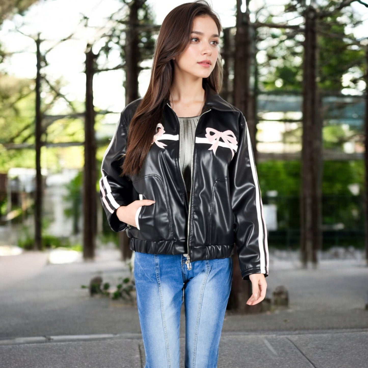 Anna-Kaci Women's Faux Leather Jacket with Bow Appliqu¨¦s and Zipper Front Closure