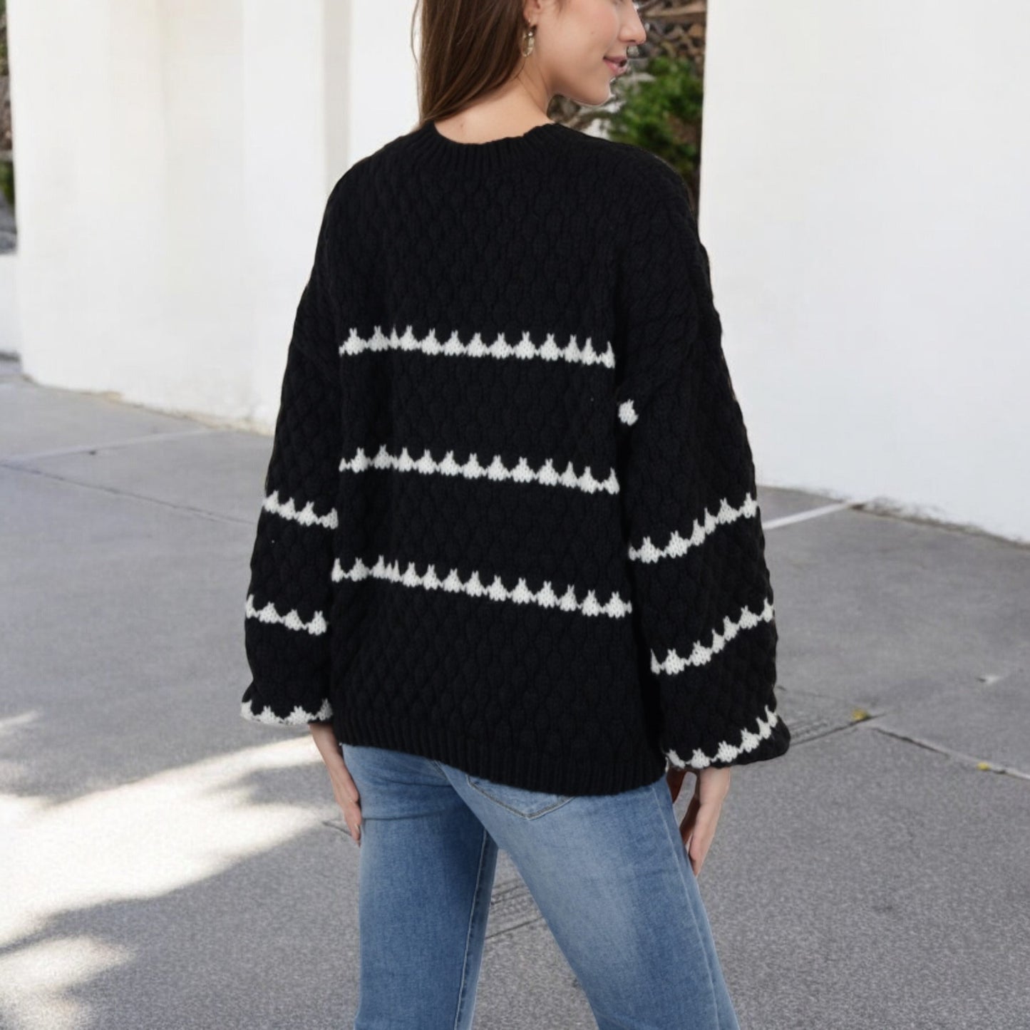 Anna-Kaci Women's Oversized Cable Knit Sweater with Contrast Stripes