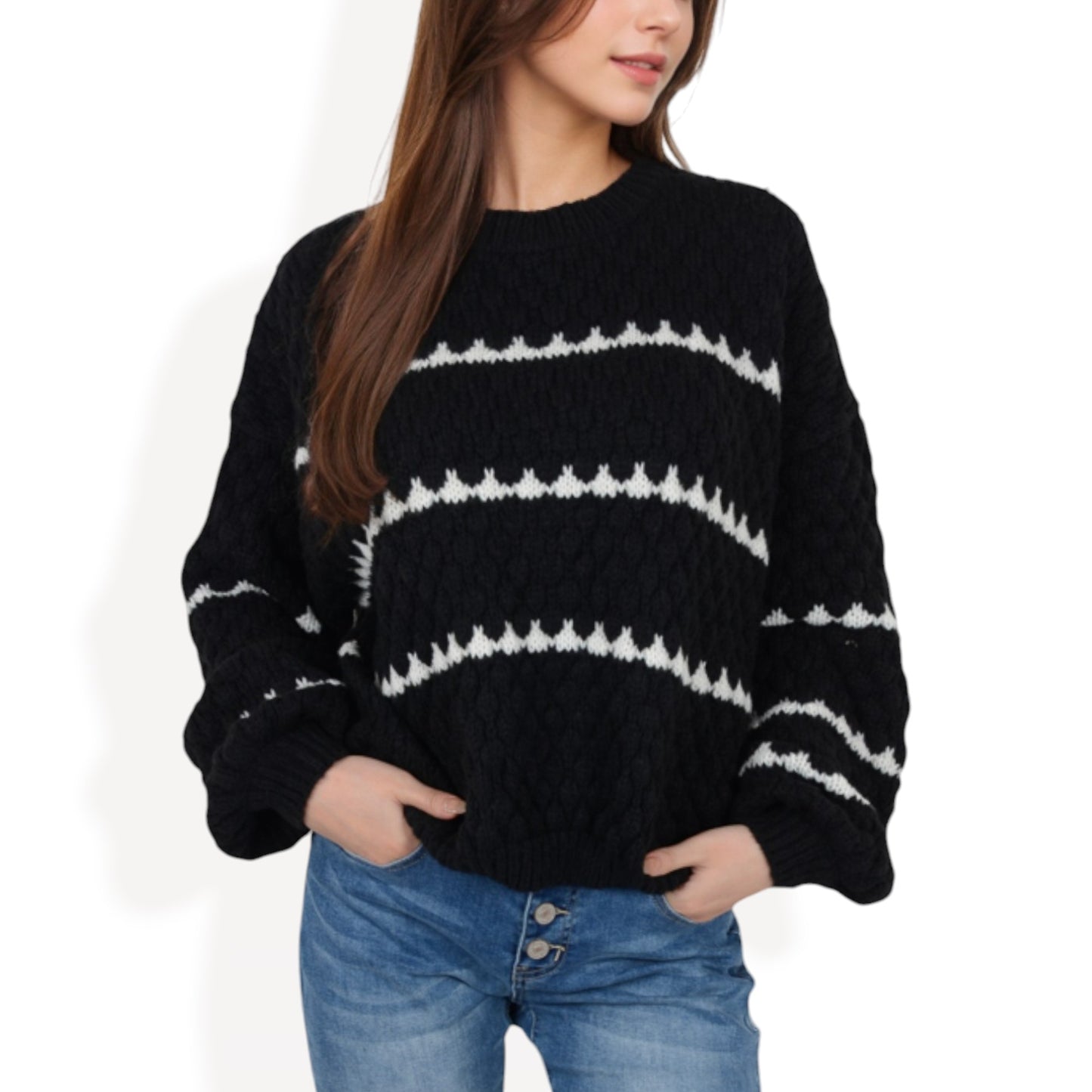 Anna-Kaci Women's Oversized Cable Knit Sweater with Contrast Stripes