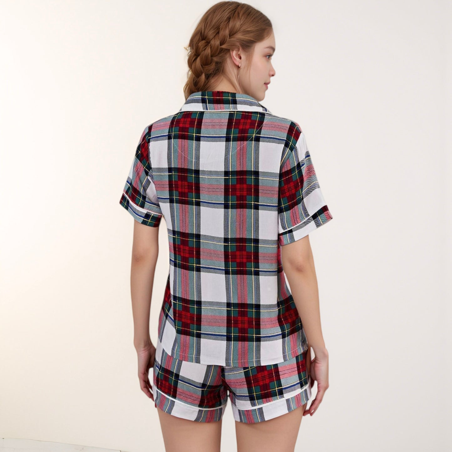 Anna-Kaci Lounge Women's Plaid Button-Down Pajama Set with Short Sleeve Top and Drawstring Shorts
