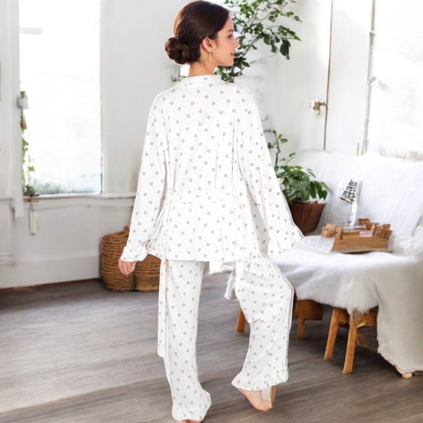 Anna-Kaci Women's Heart Print 3-Piece Pajama Set with Ruffled Trim Open Cardigan, Cropped Tank, and Elastic Waist Pants