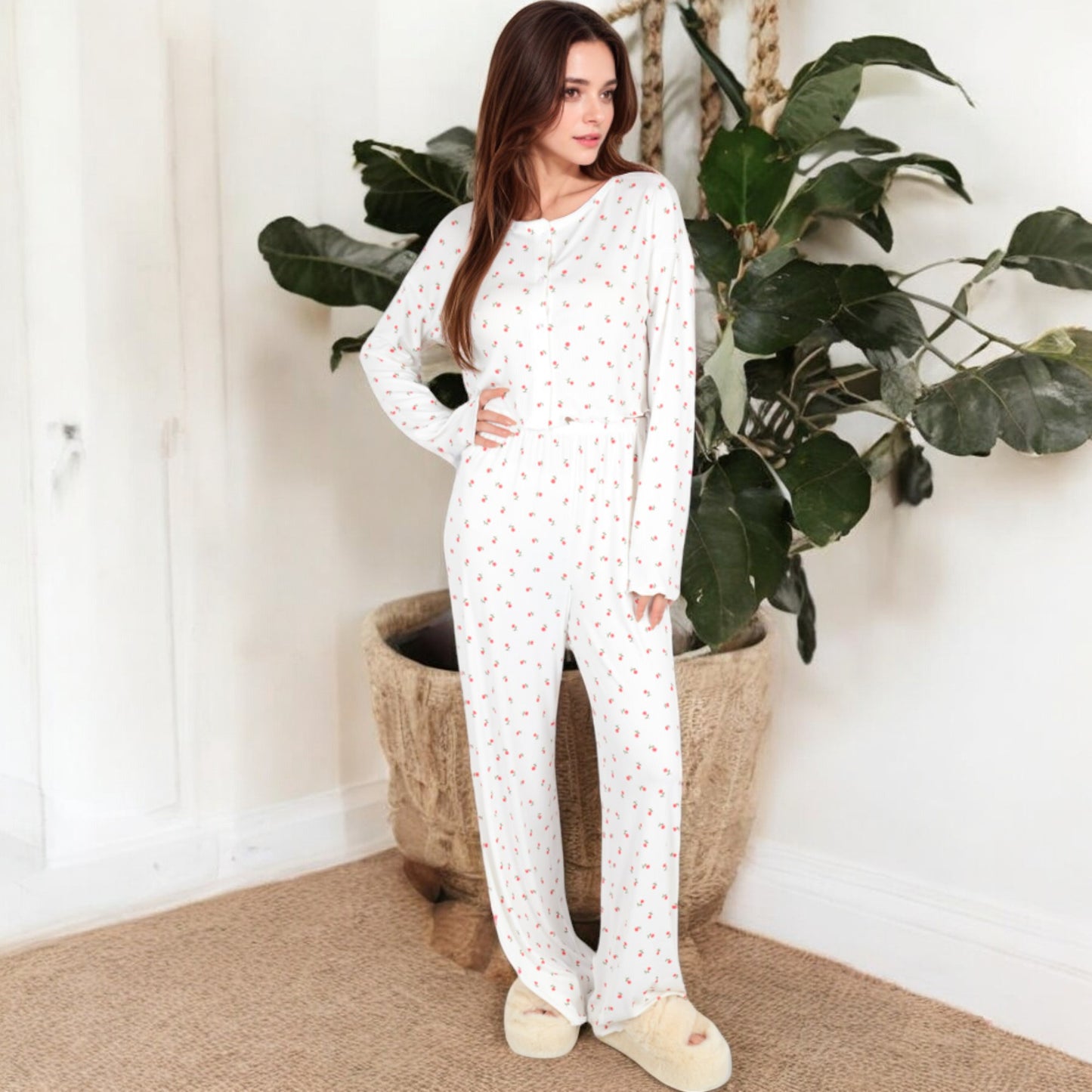 Anna-Kaci Women's Floral Print 2-Piece Pajama Set with Long Sleeve Top and Elastic Waist Relaxed Fit Pants