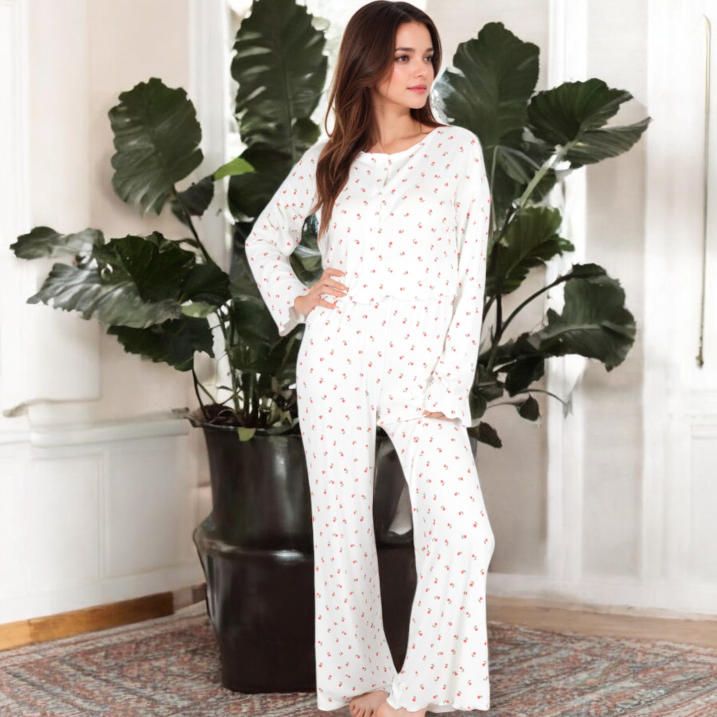 Anna-Kaci Women's Floral Print 2-Piece Pajama Set with Long Sleeve Top and Elastic Waist Relaxed Fit Pants