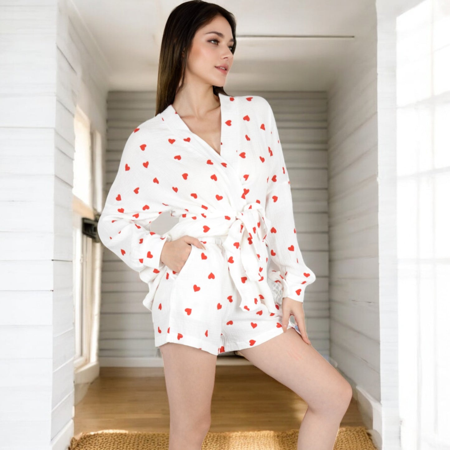 Anna-Kaci Women's Heart Print 2-Piece Pajama Set with Long Sleeve Tie-Waist Robe and Relaxed Fit Shorts
