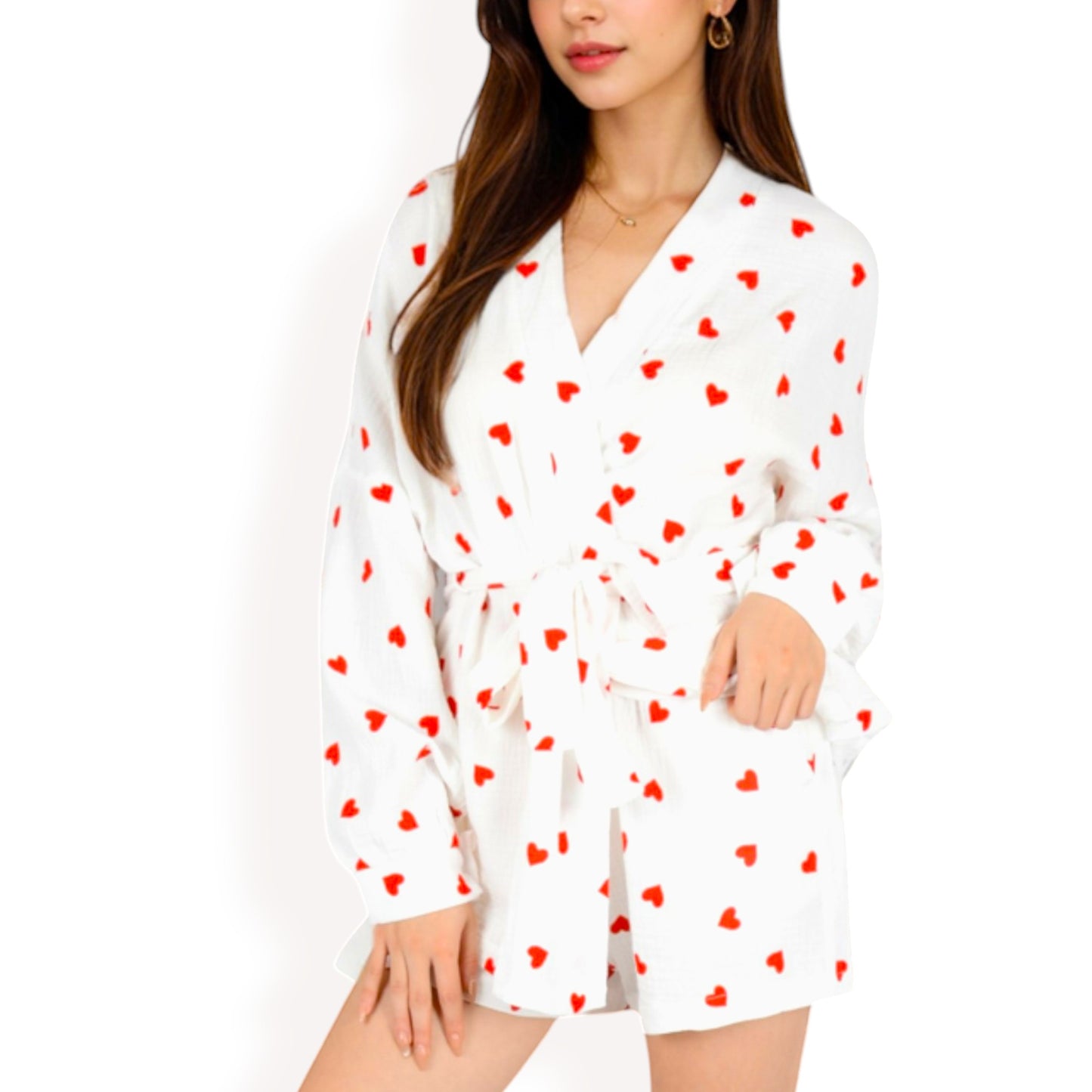 Anna-Kaci Women's Heart Print 2-Piece Pajama Set with Long Sleeve Tie-Waist Robe and Relaxed Fit Shorts