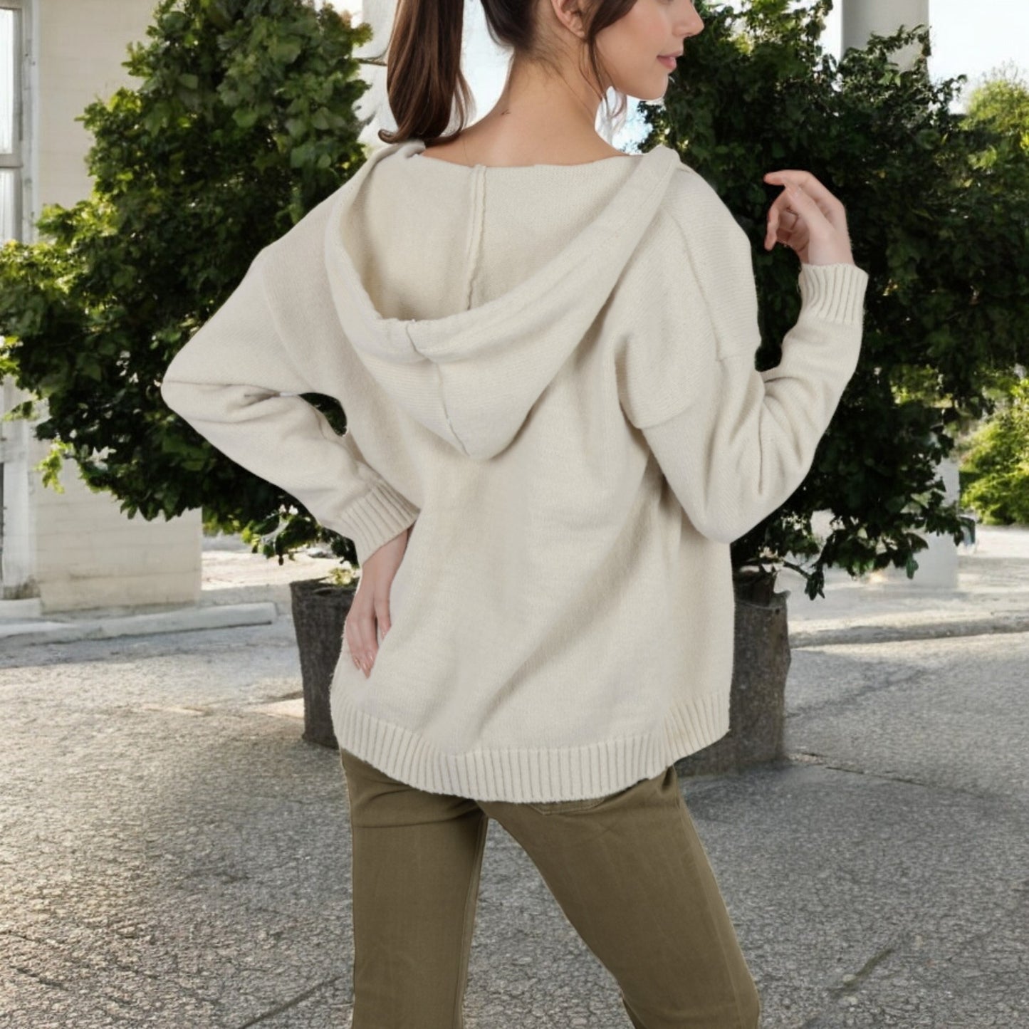 Anna-Kaci Women's Knit Button-Up Cardigan with Drawstring Hood and Ribbed Hem