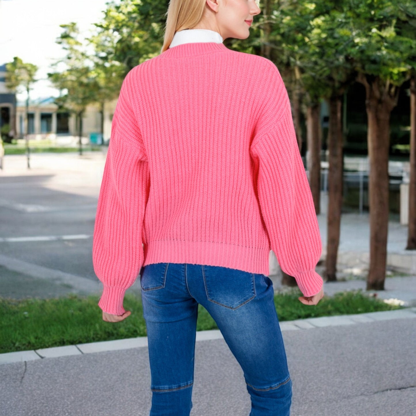 Anna-Kaci Women's Chunky Knit Sweater with Button Front and Ribbed Textured Design