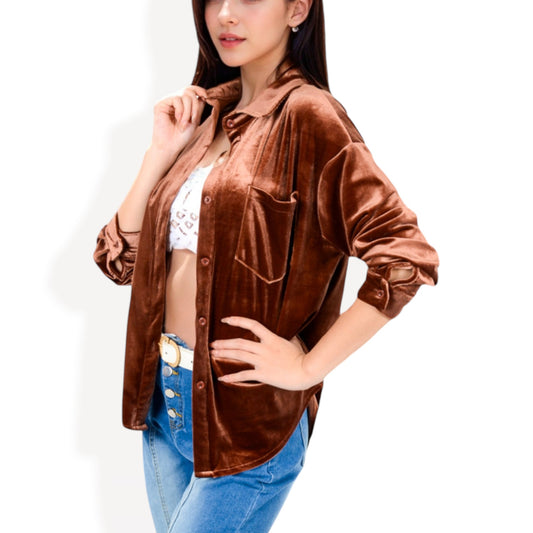 Anna-Kaci Women's Long Sleeve Velvet Button-Up Shirt with Chest Pocket