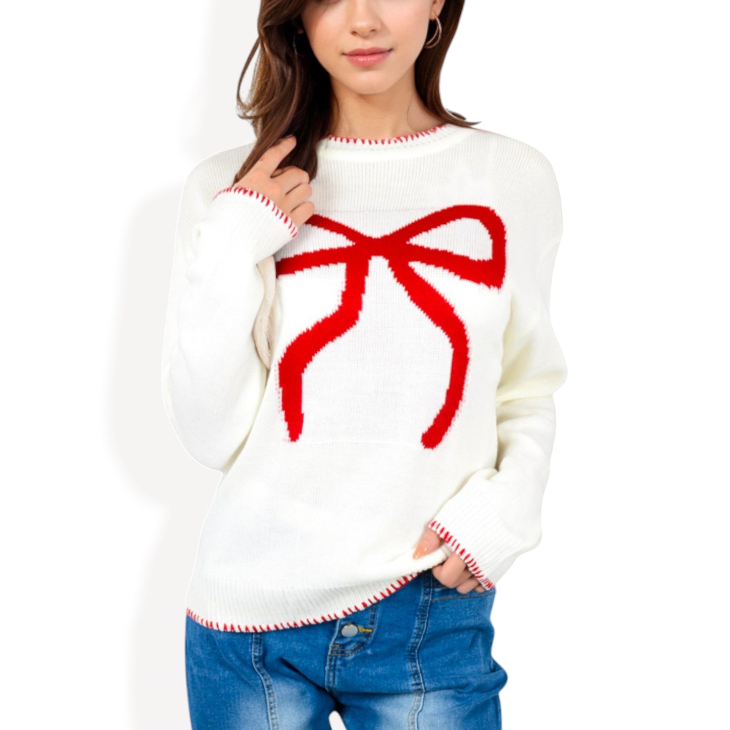 Anna-Kaci Women's Long Sleeve Knit Sweater with Bow Detail and Contrast Stitching