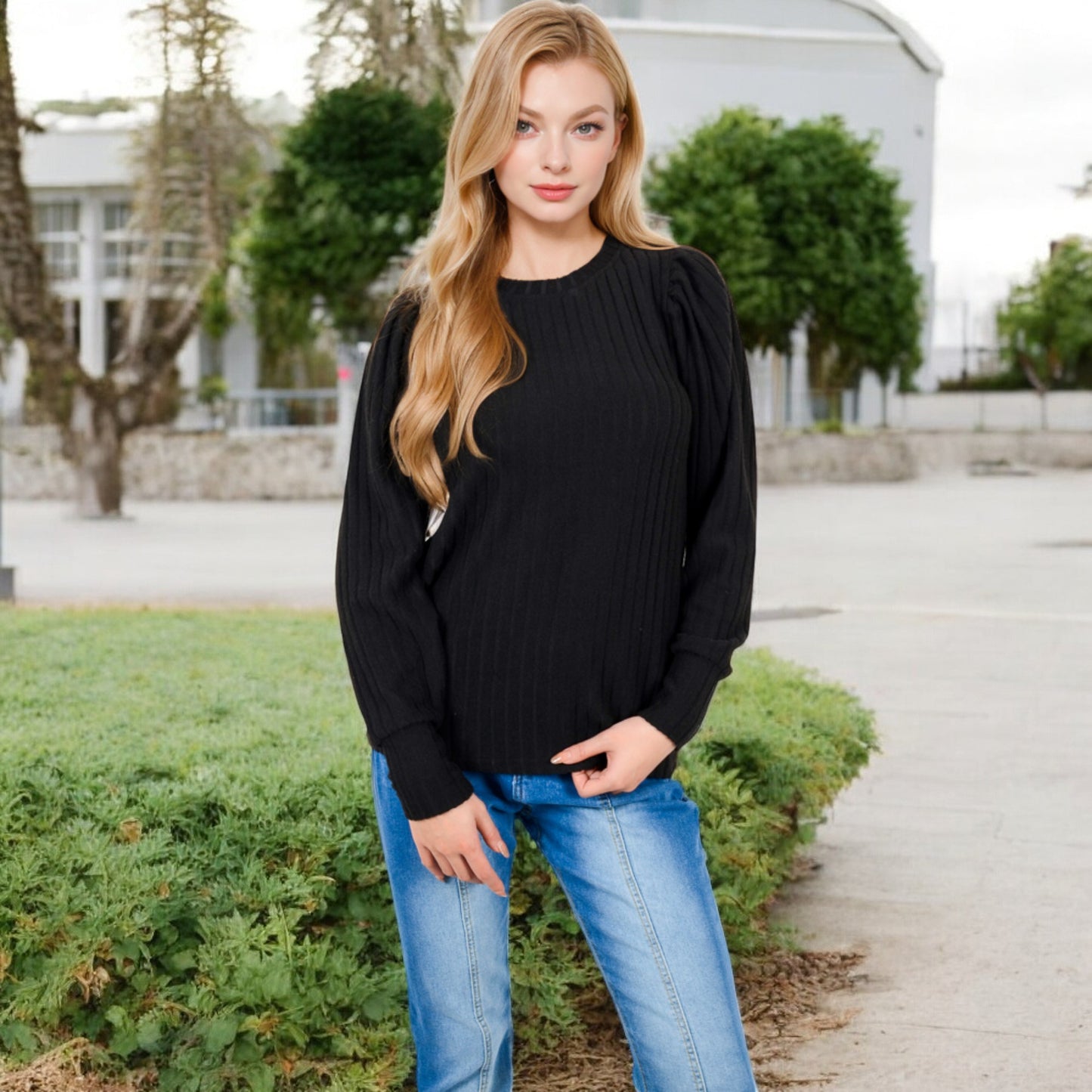 Anna-Kaci Women's Long Sleeve Ribbed Knit Sweater with Gathered Shoulders