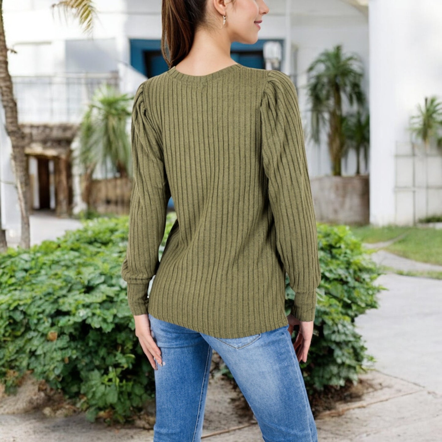 Anna-Kaci Women's Long Sleeve Ribbed Knit Sweater with Gathered Shoulders