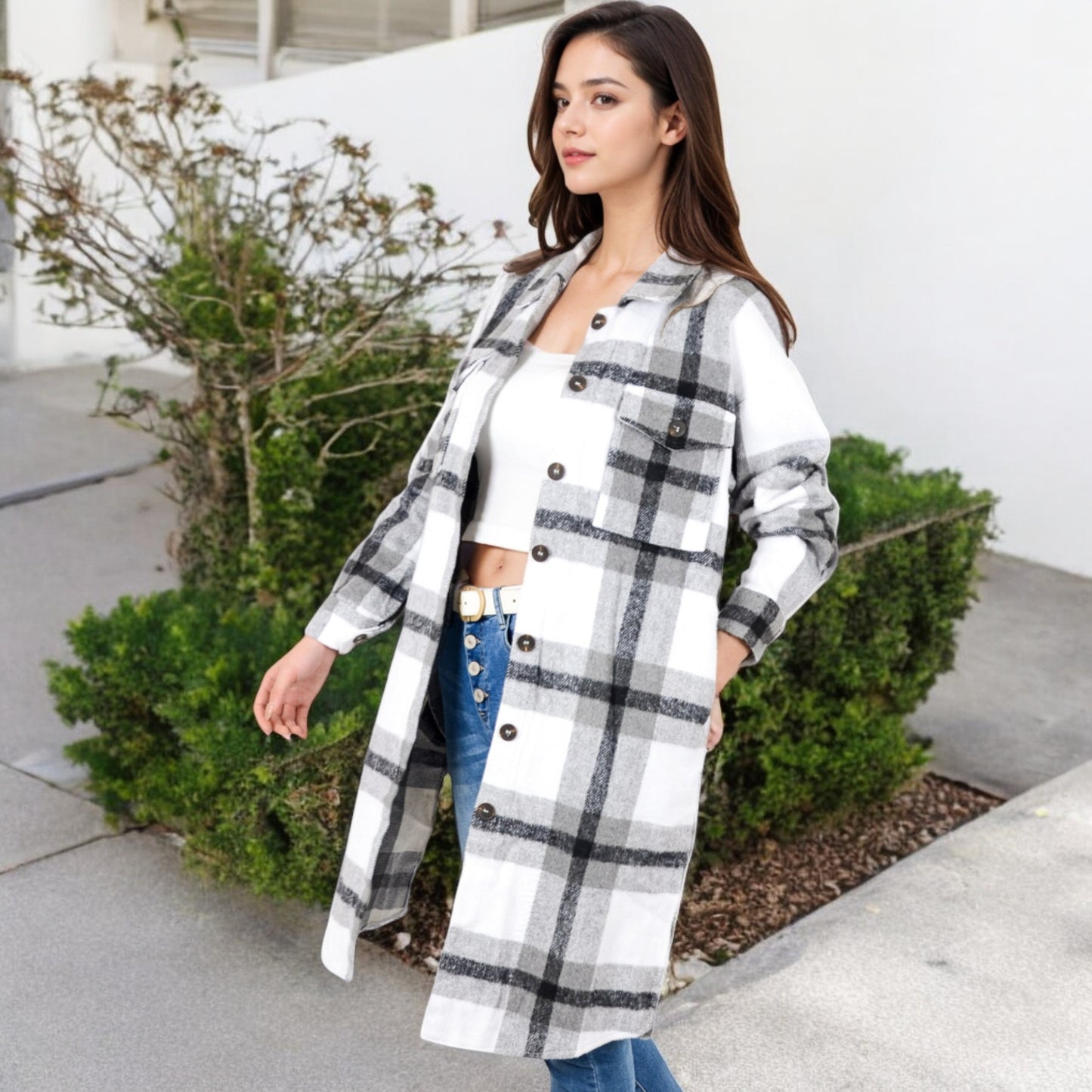 Anna-Kaci Women's Long Plaid Button-Up Shacket with Chest Pockets and Side Slits