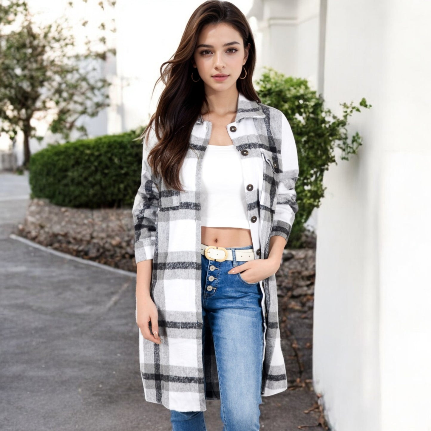 Anna-Kaci Women's Long Plaid Button-Up Shacket with Chest Pockets and Side Slits