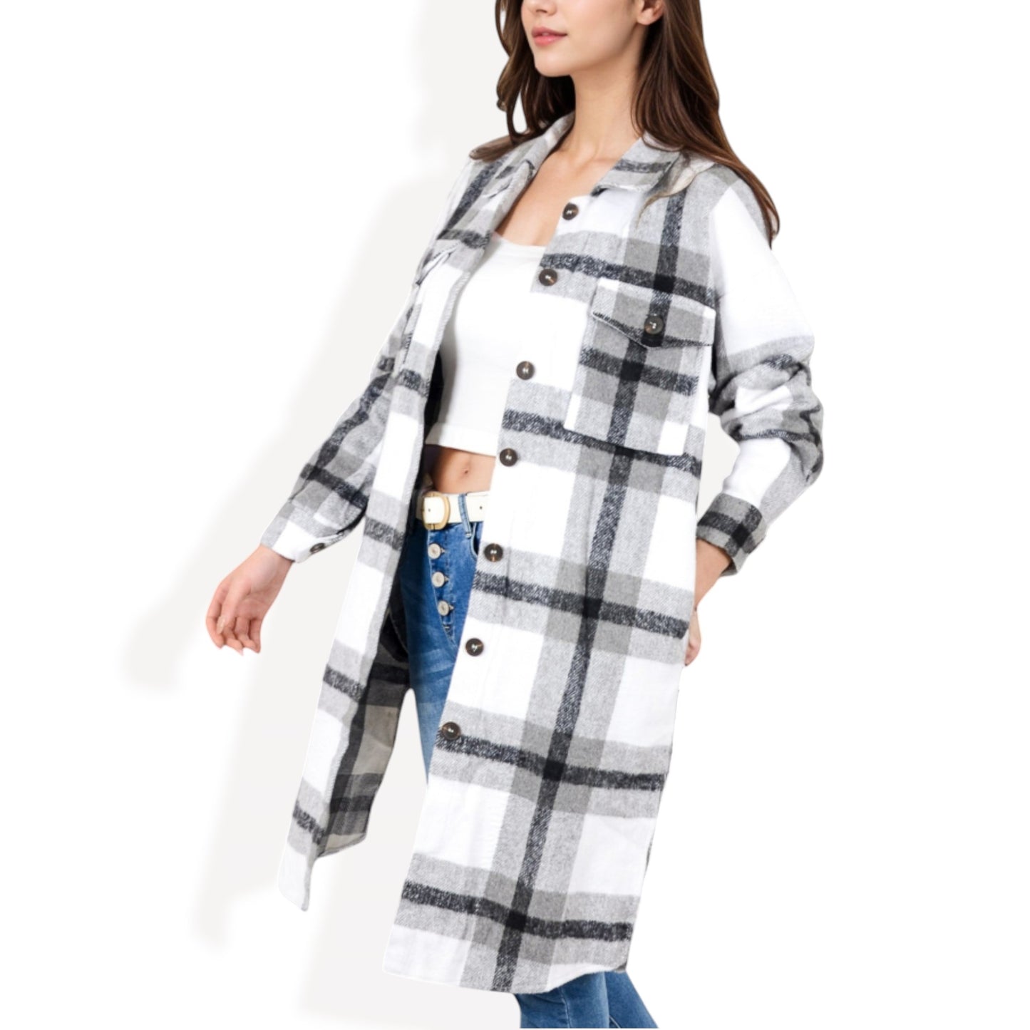 Anna-Kaci Women's Long Plaid Button-Up Shacket with Chest Pockets and Side Slits
