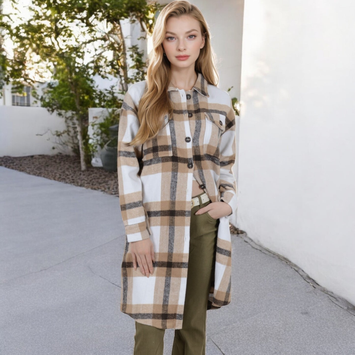 Anna-Kaci Women's Long Plaid Button-Up Shacket with Chest Pockets and Side Slits