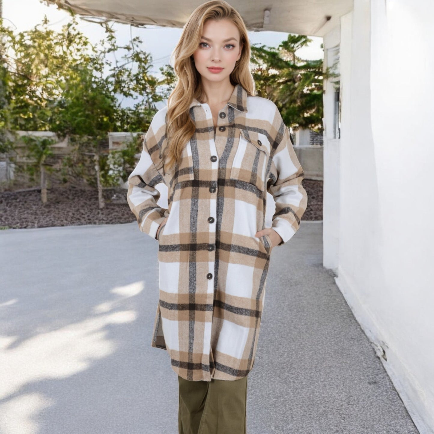 Anna-Kaci Women's Long Plaid Button-Up Shacket with Chest Pockets and Side Slits