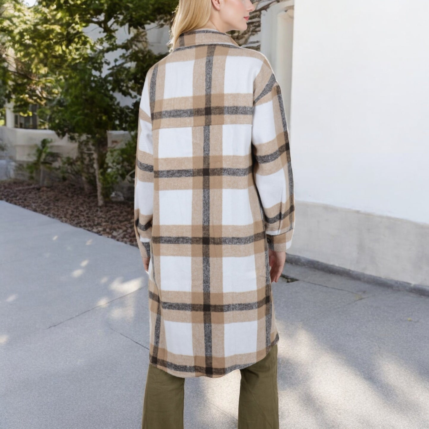 Anna-Kaci Women's Long Plaid Button-Up Shacket with Chest Pockets and Side Slits