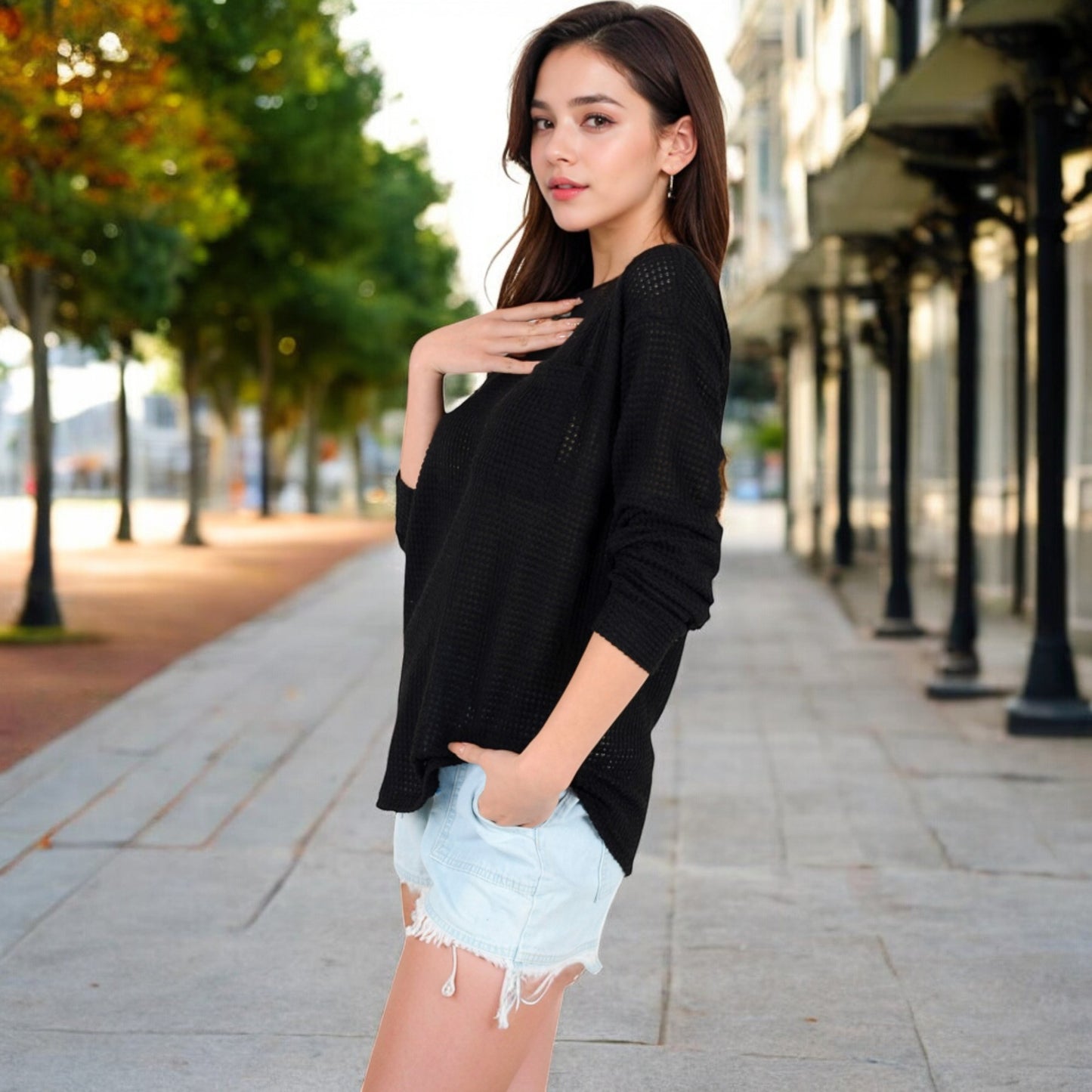 Anna-Kaci Women's Long Sleeve Waffle Knit Top with Front Pocket Detail