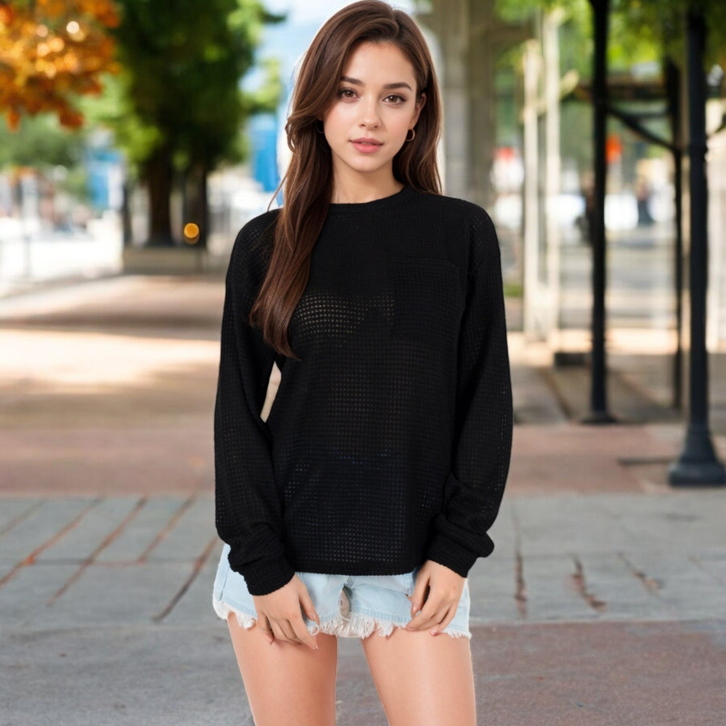 Anna-Kaci Women's Long Sleeve Waffle Knit Top with Front Pocket Detail