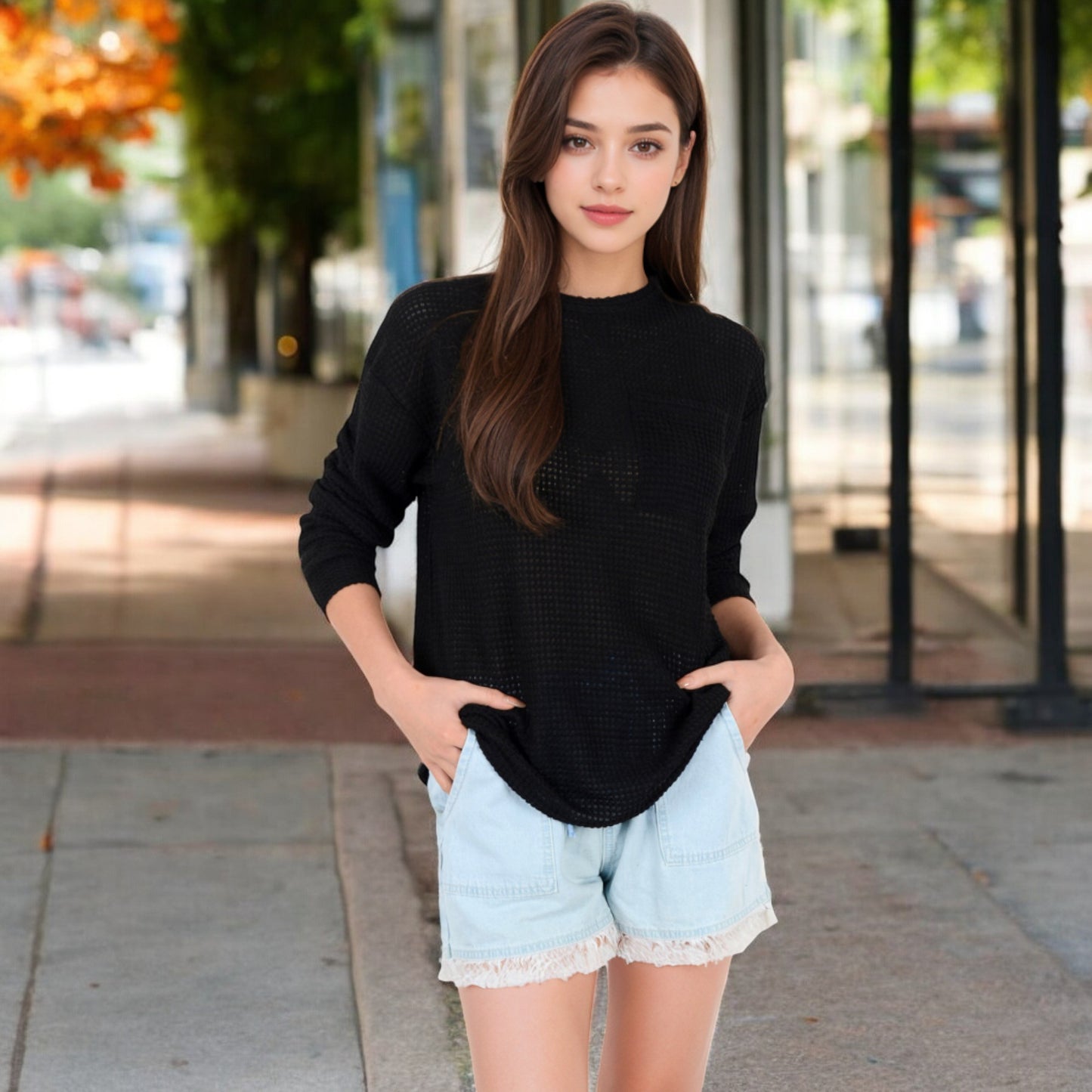 Anna-Kaci Women's Long Sleeve Waffle Knit Top with Front Pocket Detail