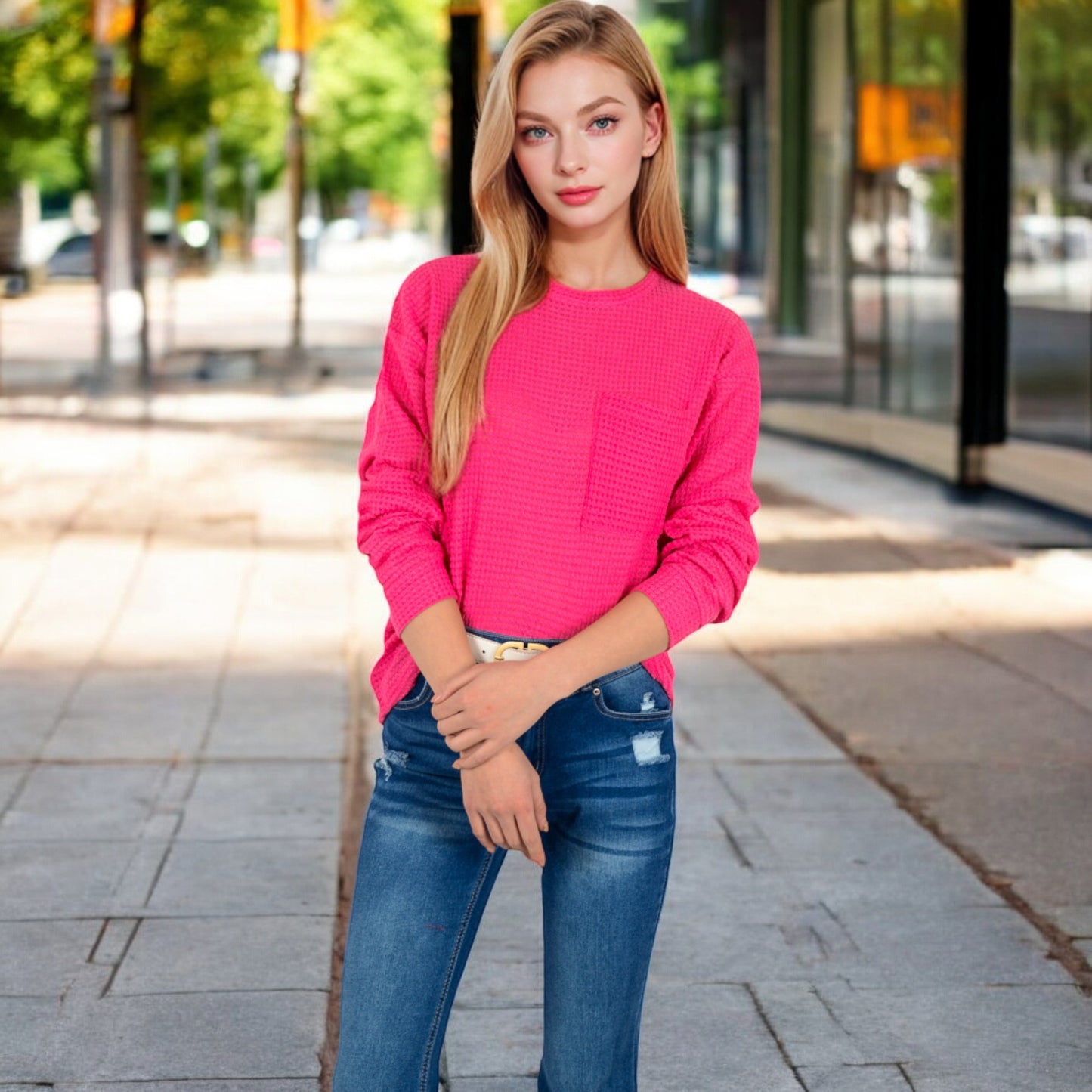 Anna-Kaci Women's Long Sleeve Waffle Knit Top with Front Pocket Detail