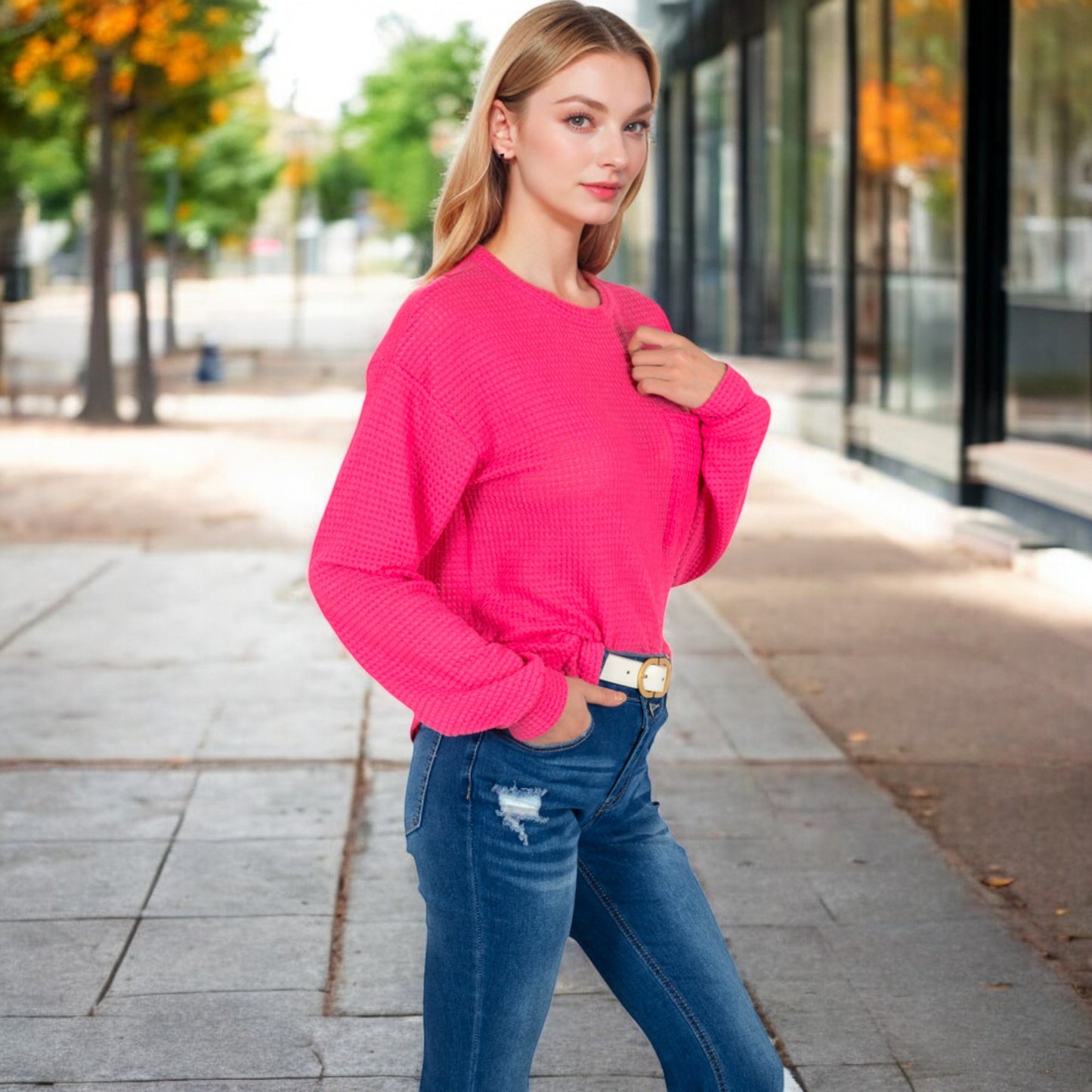 Anna-Kaci Women's Long Sleeve Waffle Knit Top with Front Pocket Detail