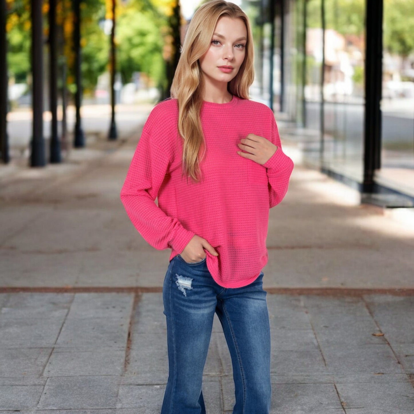 Anna-Kaci Women's Long Sleeve Waffle Knit Top with Front Pocket Detail